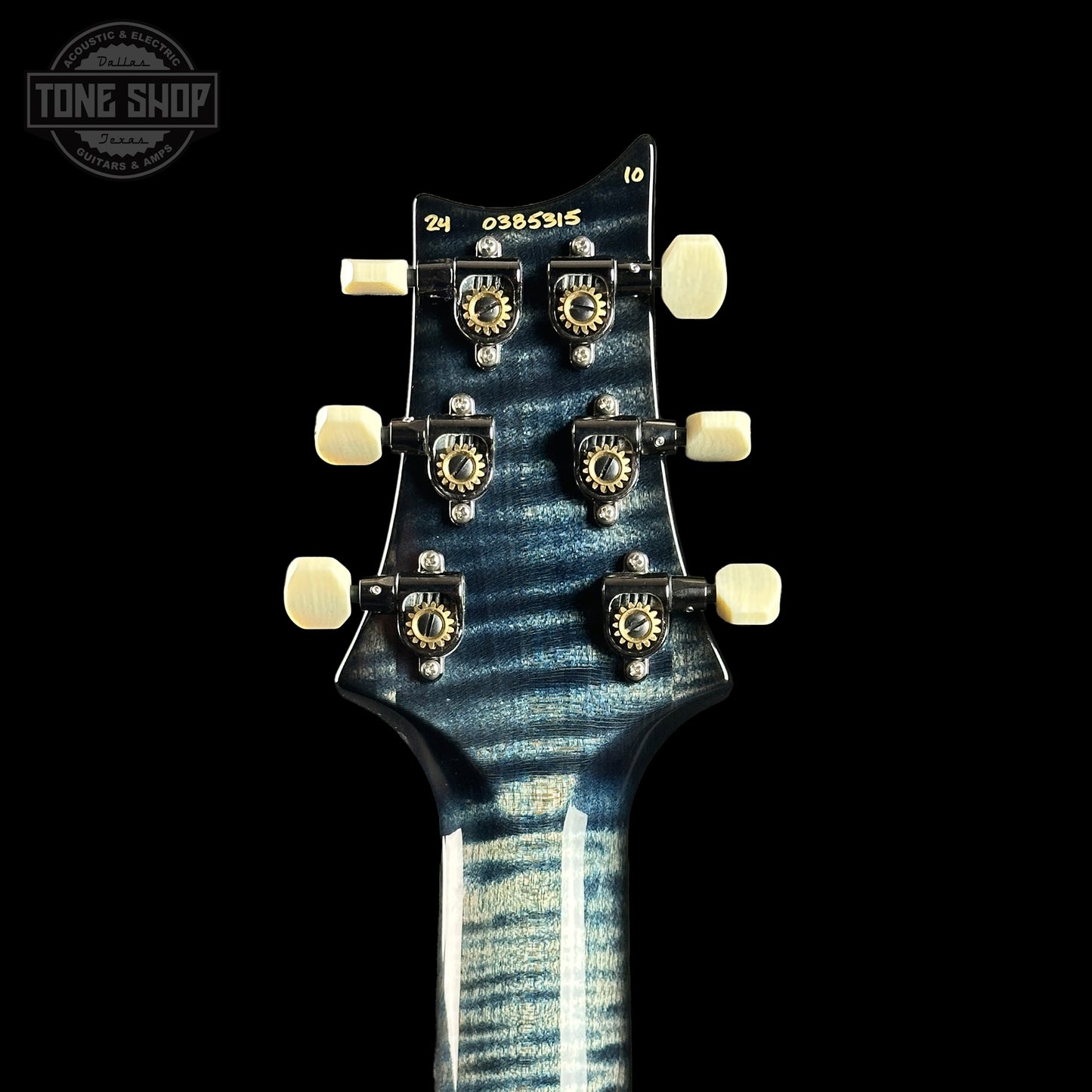 Back of headstock of PRS Wood Library DGT Faded Whale Blue Smokeburst 10 Top Swamp Ash w/Stained Neck.