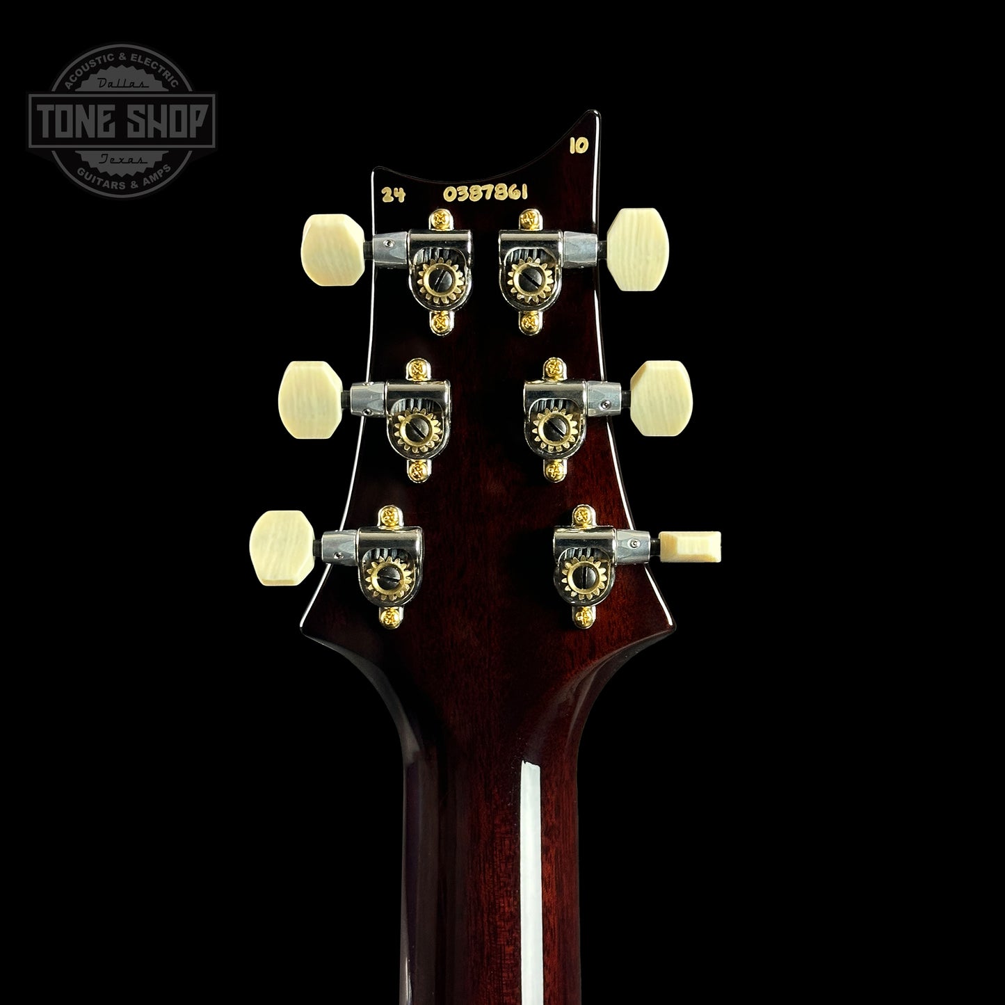 Back of headstock of PRS DGT McCarty Tobacco Sunburst 10 Top Birds.