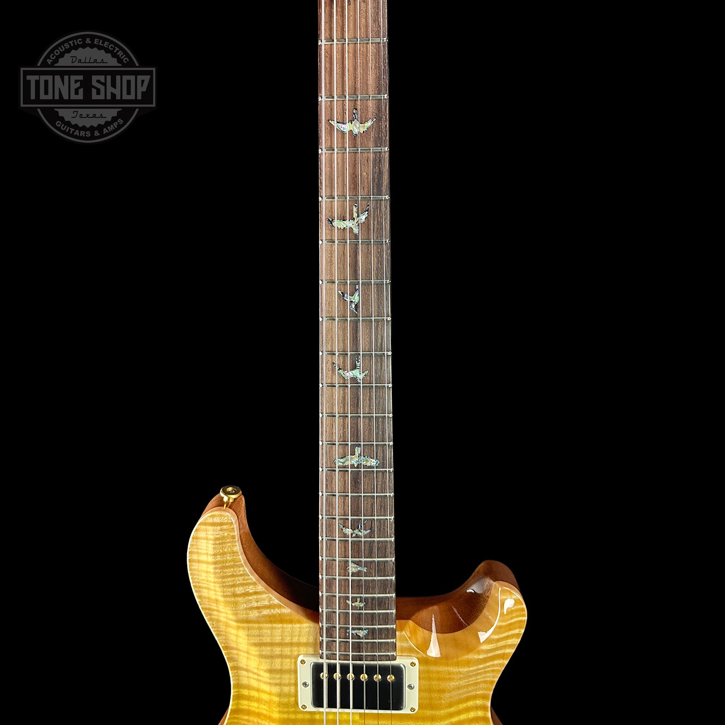 Fretboard of PRS TSG Anniversary Wood Library Artist DGT Gold Storm Fade Brazilian Rosewood.