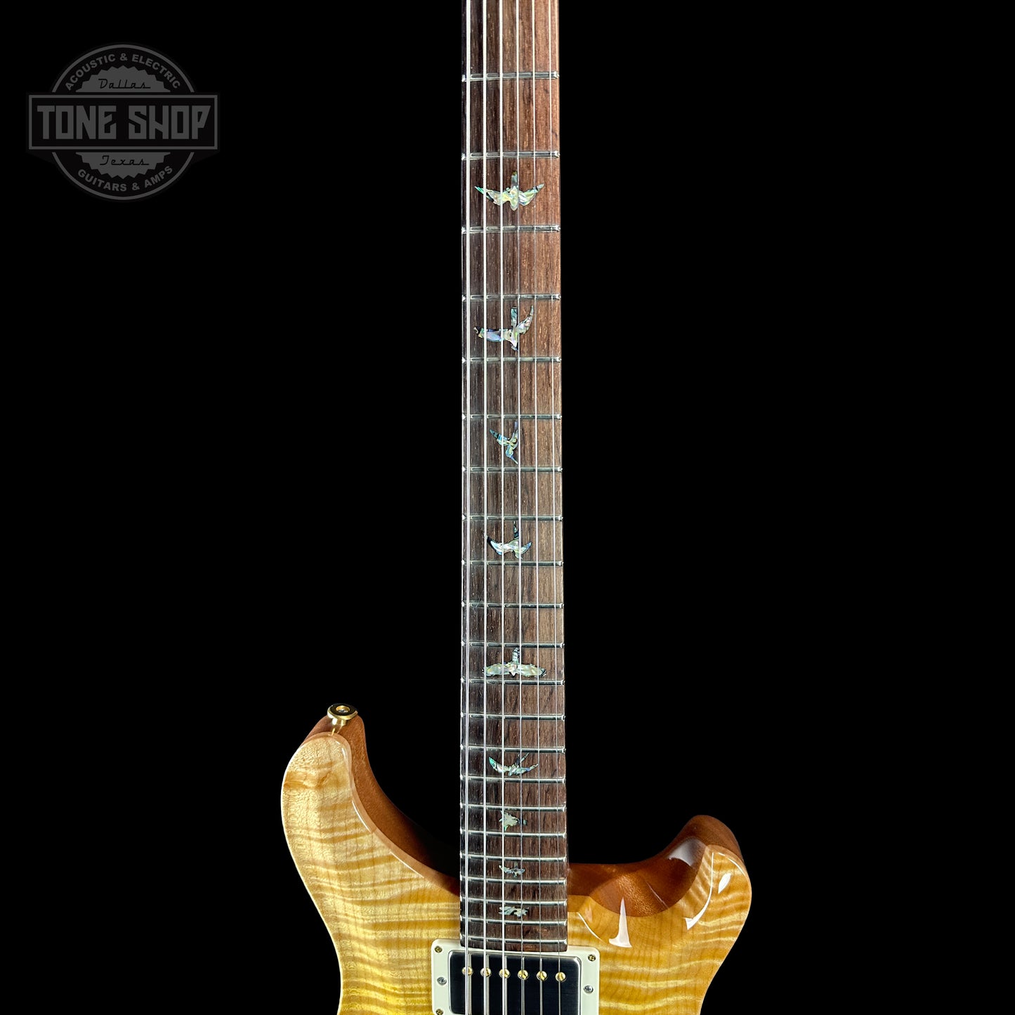 Fretboard of PRS TSG Anniversary Wood Library Artist DGT Gold Storm Fade Brazilian Rosewood.