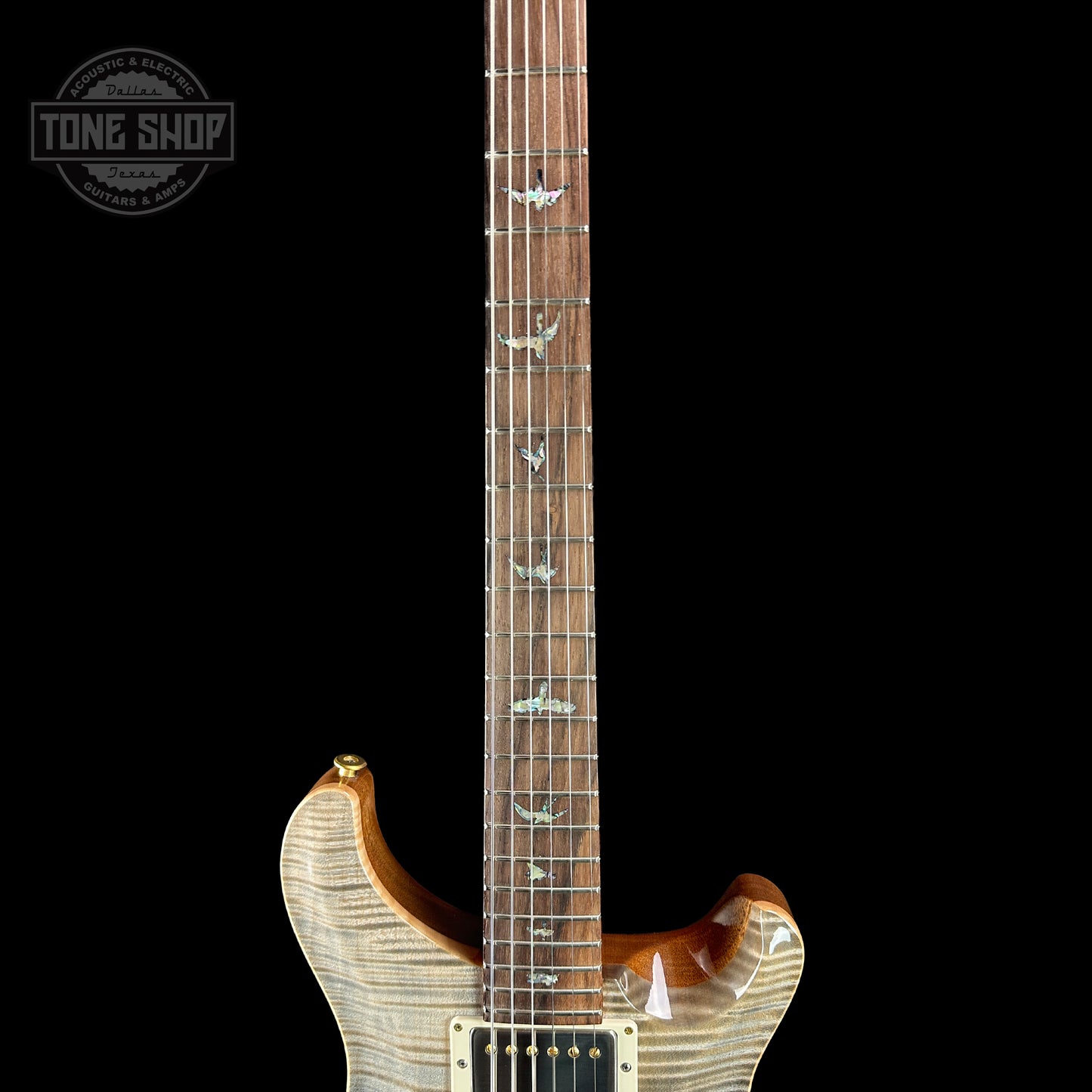 Fretboard of PRS TSG Anniversary Wood Library Artist DGT Frostbite Smokeburst.