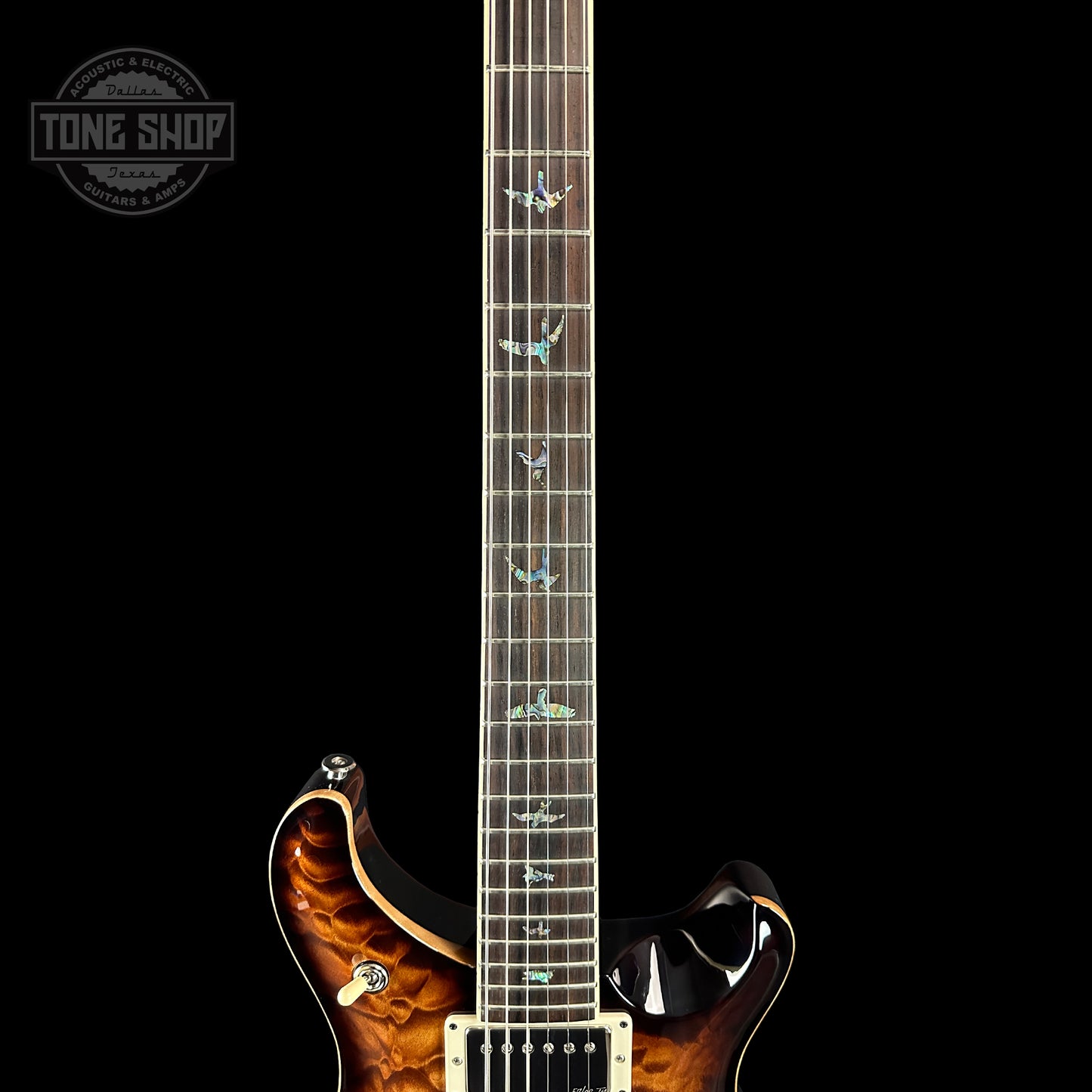 Fretboard of PRS Wood Library McCarty 594 10-top Quilt Copperhead Burst.