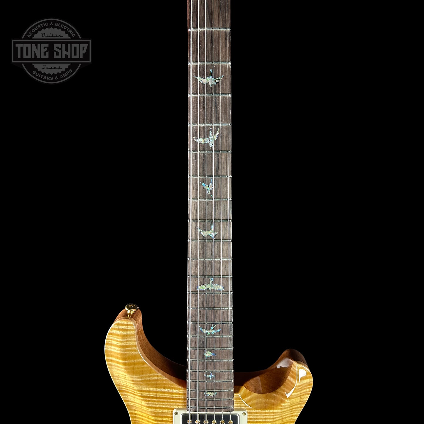 Fretboard of PRS TSG Anniversary Wood Library Artist DGT Gold Storm Fade Brazilian Rosewood.