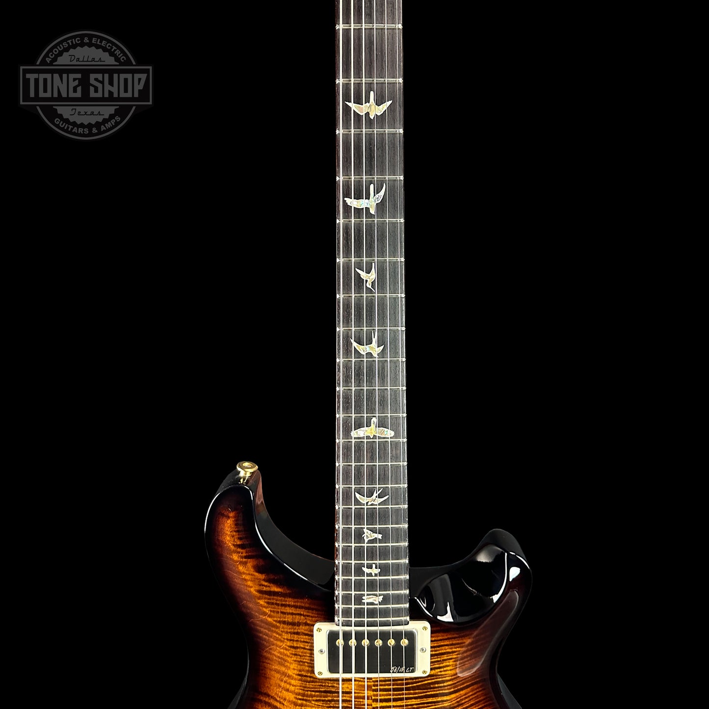 Fretboard of PRS DGT Black Gold Wraparound Burst 10 Top Birds.