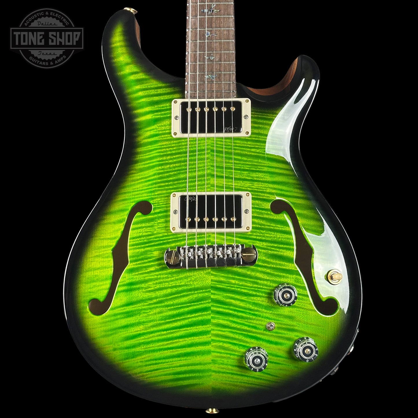 Front of PRS Wood Library Hollowbody II Piezo 10 top Eriza Verde Smokeburst Brazilian RW.