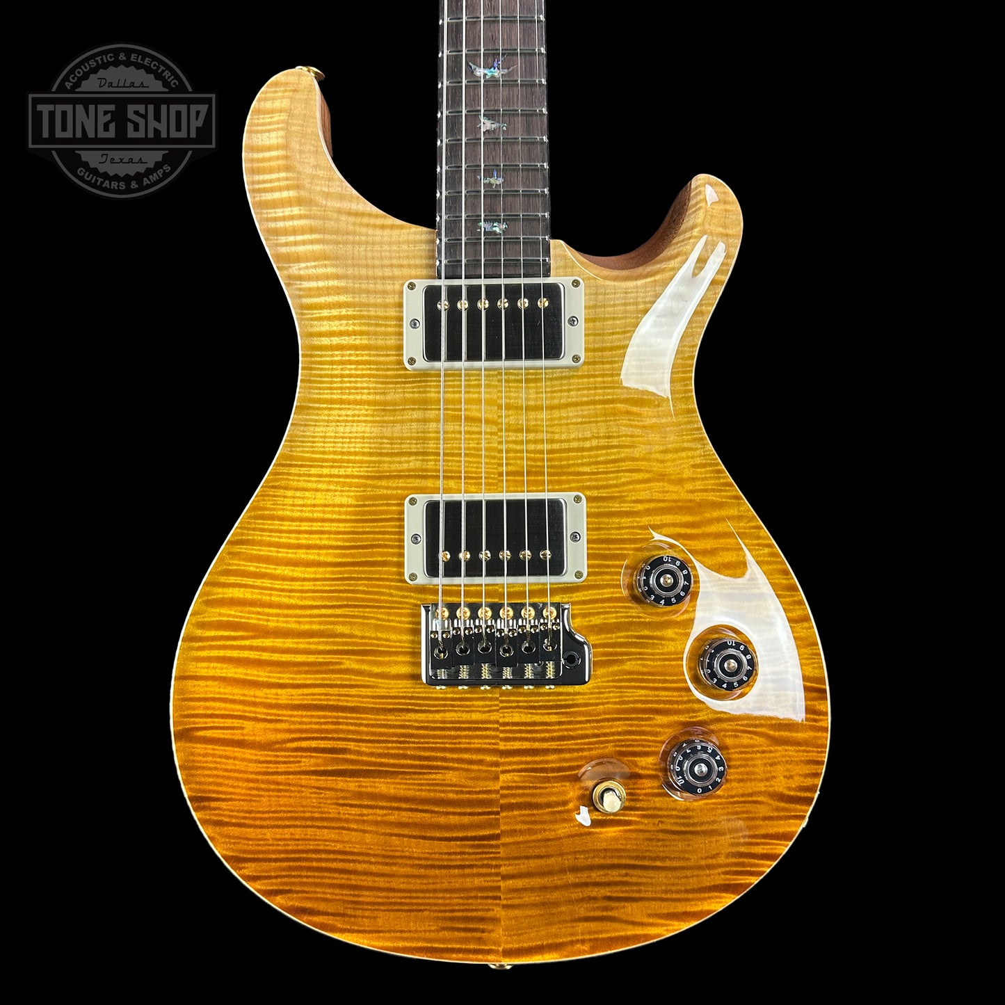 Front of PRS TSG Anniversary Wood Library Artist DGT Gold Storm Fade Brazilian Rosewood.