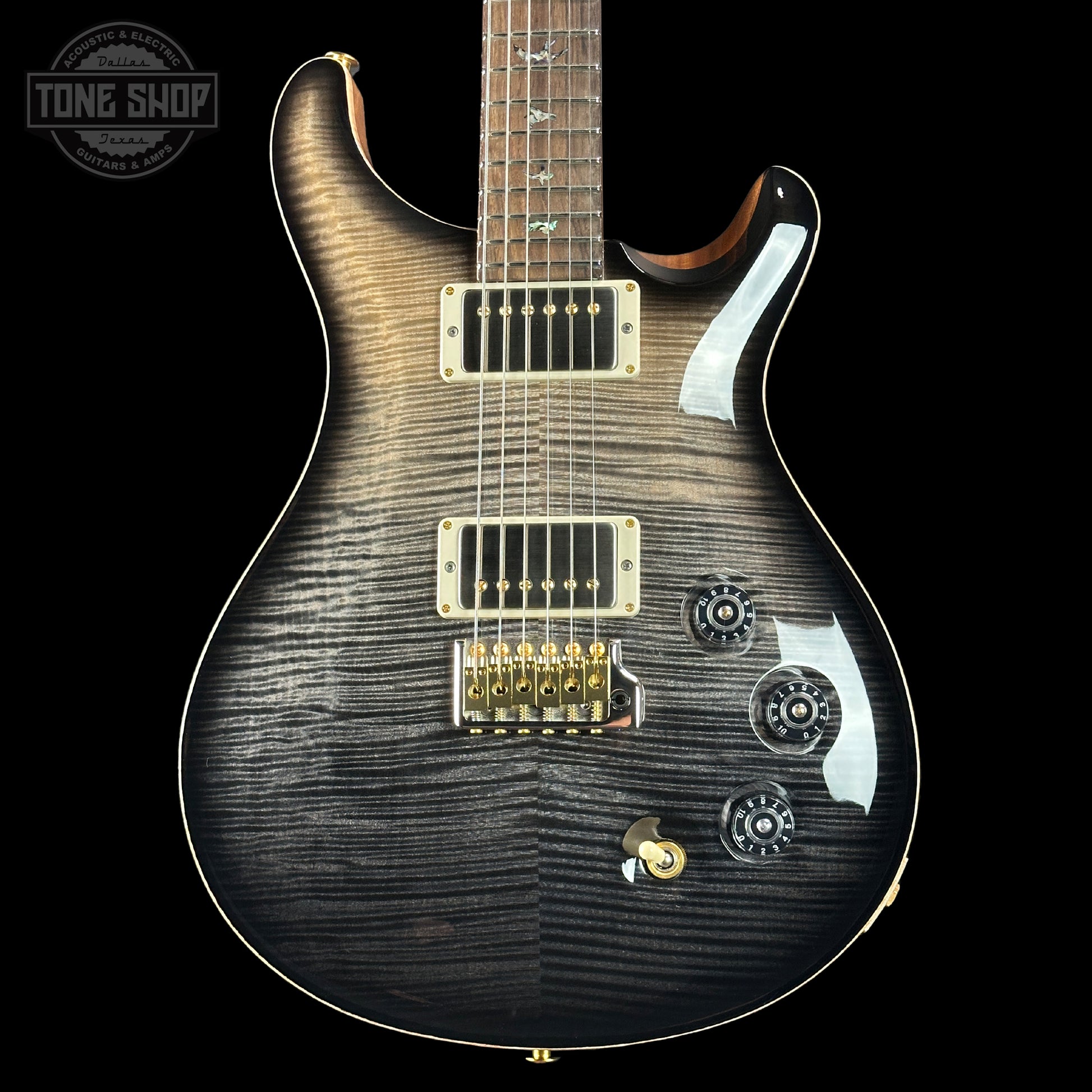 Front of PRS TSG Anniversary Wood Library Artist DGT Frostbite Smokeburst Brazilian Rosewood.