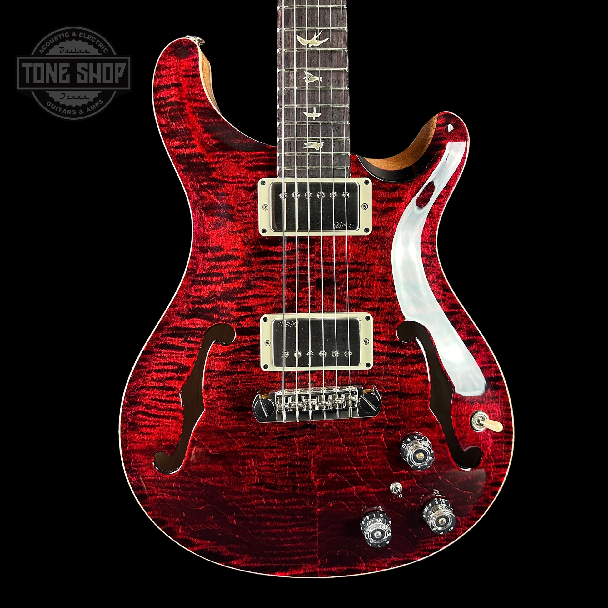 Front of PRS Hollowbody II Piezo 10-top Red Tiger.