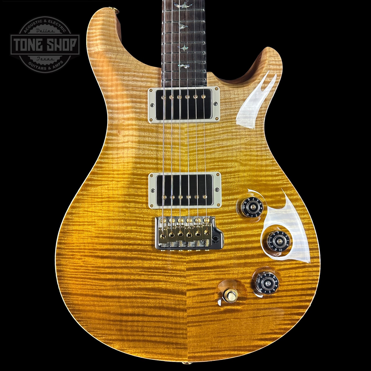 Front of PRS TSG Anniversary Wood Library Artist DGT Gold Storm Fade Brazilian Rosewood.