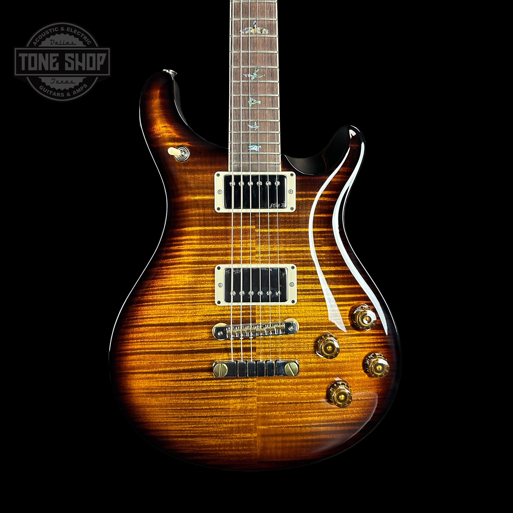 Front of PRS Wood Library McCarty 594 Black Gold Sunburst 10-top Brazilian FB.