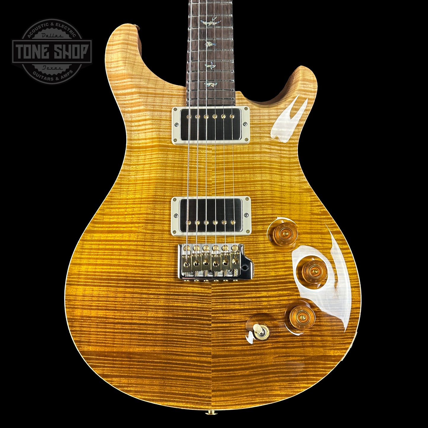 Front of PRS TSG Anniversary Wood Library Artist DGT Gold Storm Fade Brazilian Rosewood.