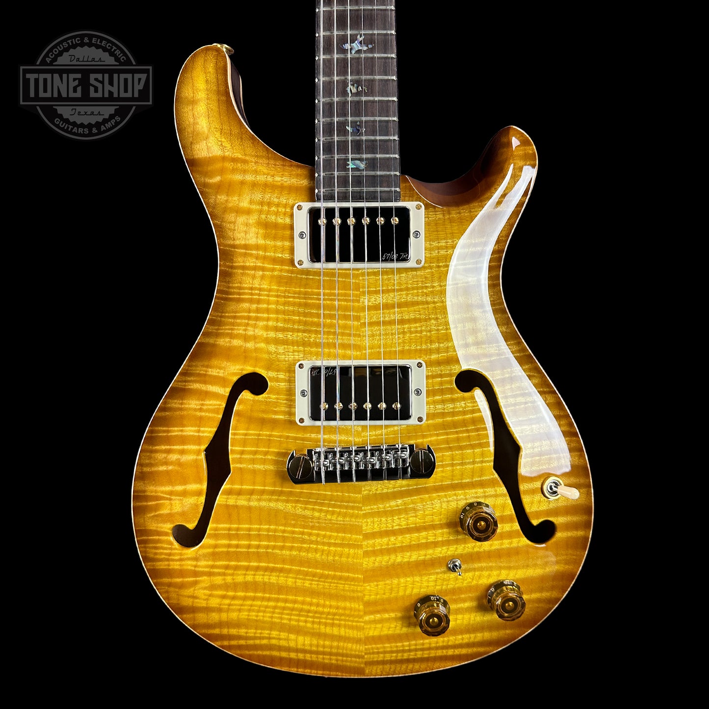 Front of PRS Wood Library Hollowbody II Piezo 10 top Livingston Lemondrop Braz.