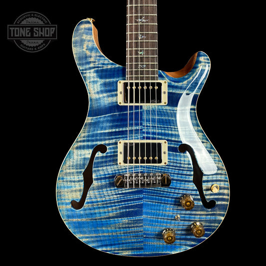 Front of PRS Wood Library Hollowbody II Piezo 10-top Faded Blue Jean Braz.