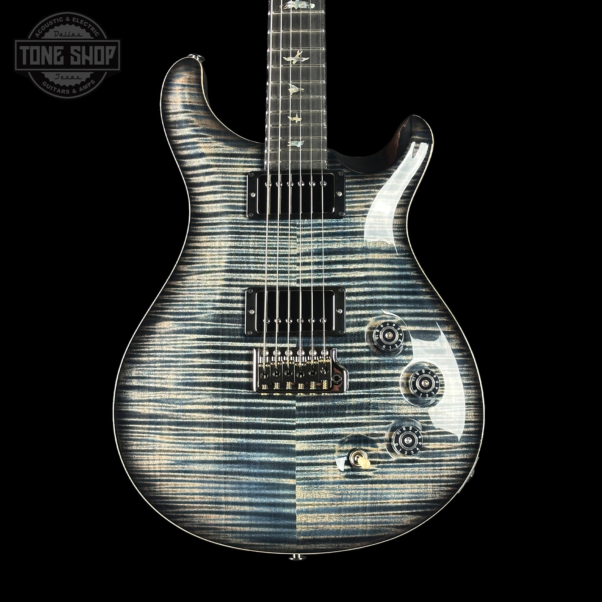 Front of PRS Wood Library DGT Faded Whale Blue Smokeburst 10 Top Swamp Ash w/Stained Neck.