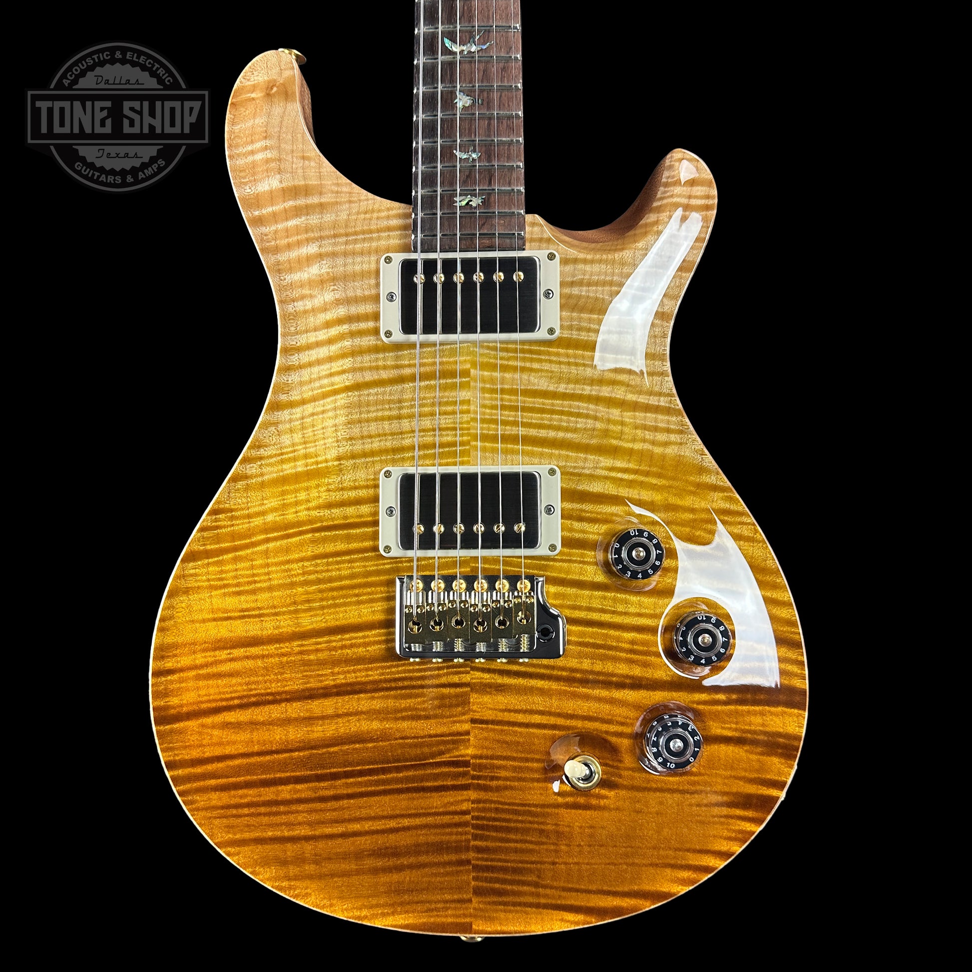 Front of PRS TSG Anniversary Wood Library Artist DGT Gold Storm Fade Brazilian Rosewood.