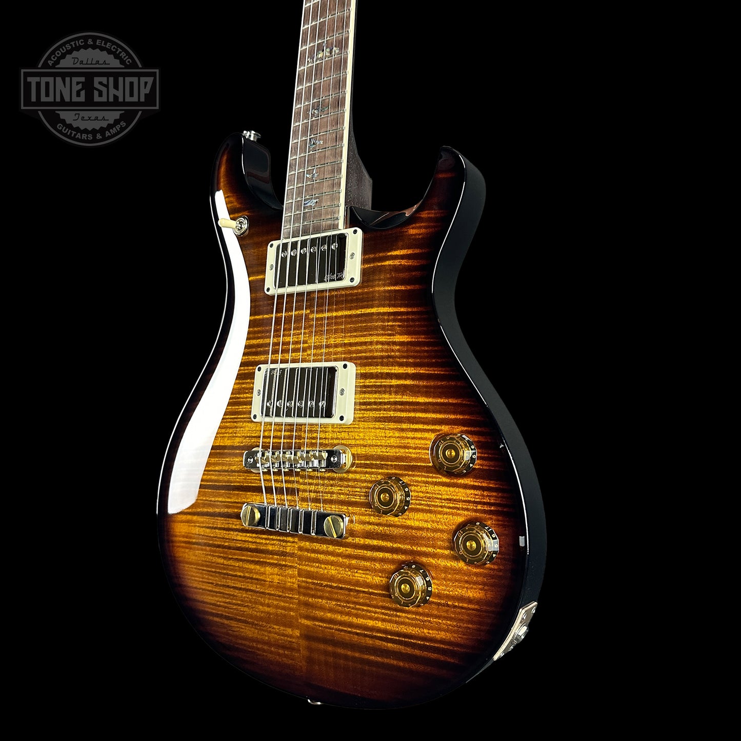 Front angle of PRS Wood Library McCarty 594 Black Gold Sunburst 10-top Brazilian FB.