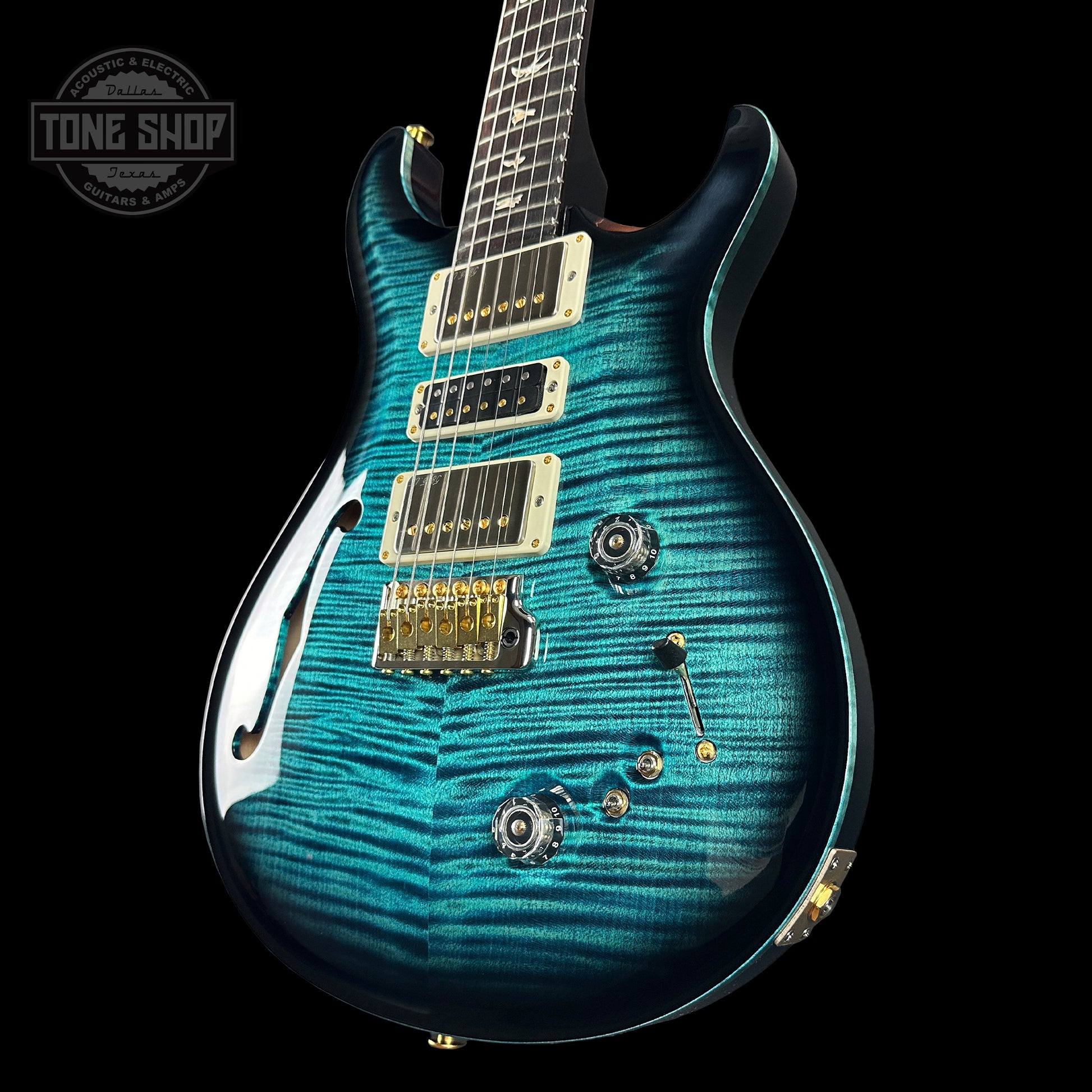 Front angle of PRS Special Semi-hollow Cobalt Smokeburst 10 Top Birds.