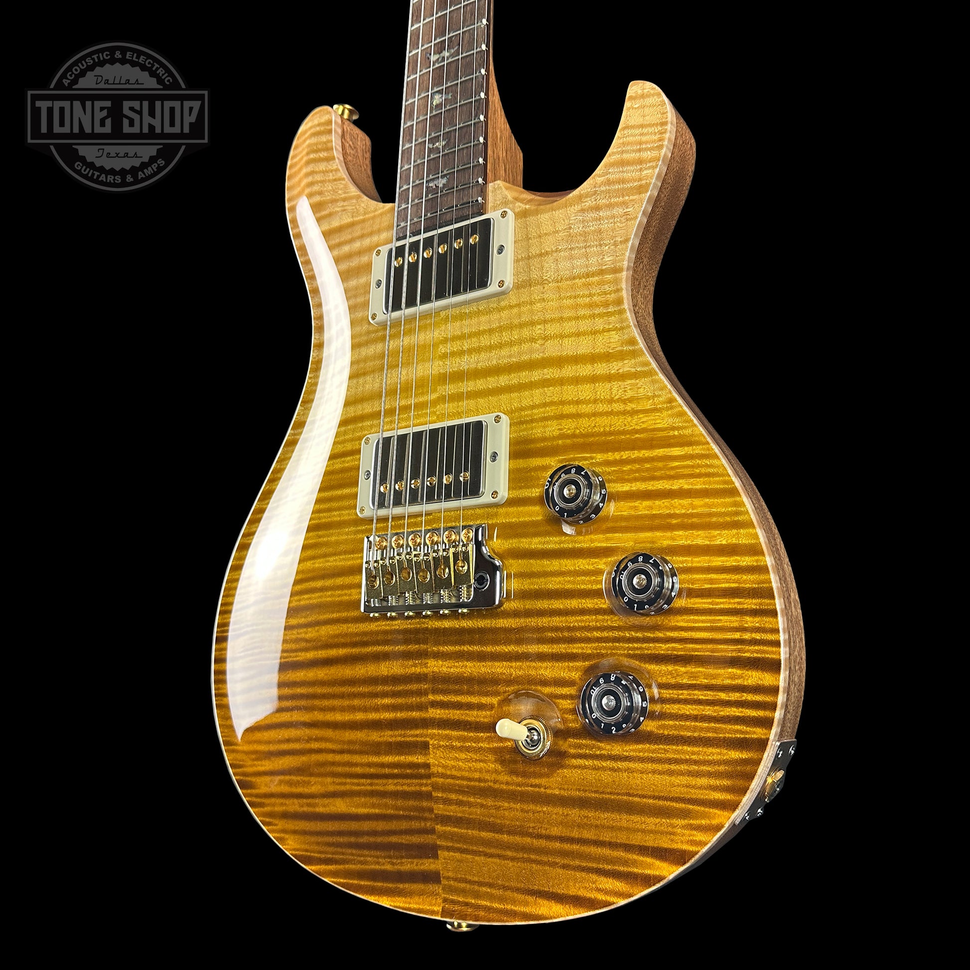 Front angle of PRS TSG Anniversary Wood Library Artist DGT Gold Storm Fade Brazilian Rosewood.