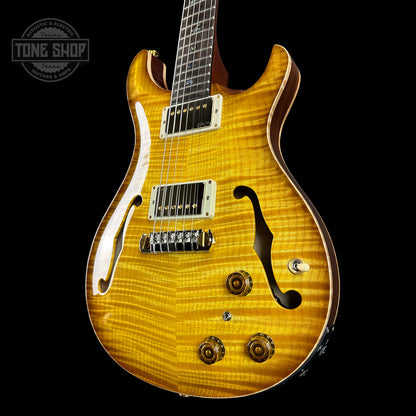 Front angle of PRS Wood Library Hollowbody II Piezo 10 top Livingston Lemondrop Braz.