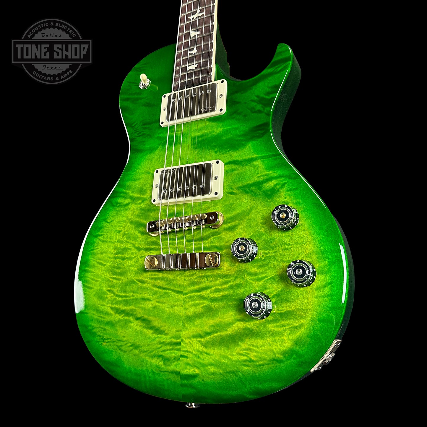 Front angle of PRS S2 McCarty 594 Singlecut 2024 Spec TSG Quilt Top Eriza Verde.