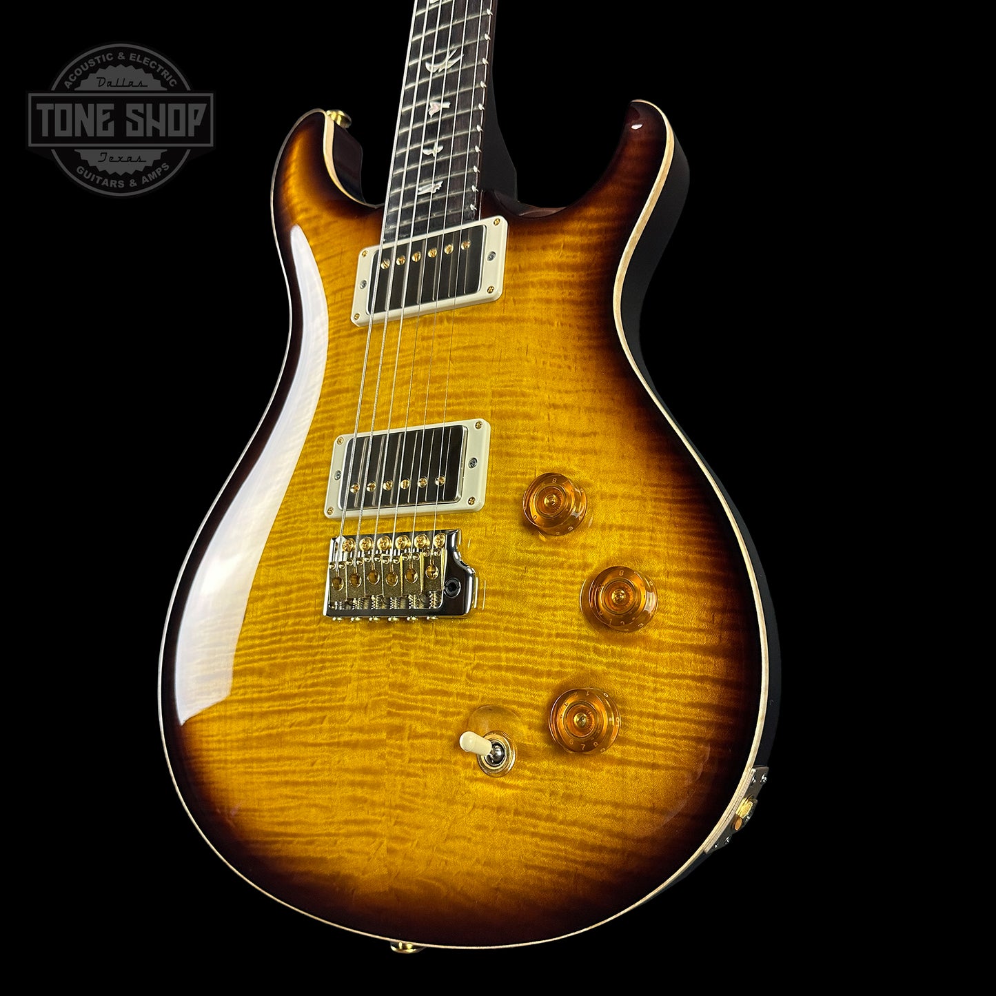 Front angle of PRS DGT McCarty Tobacco Sunburst 10 Top Birds.