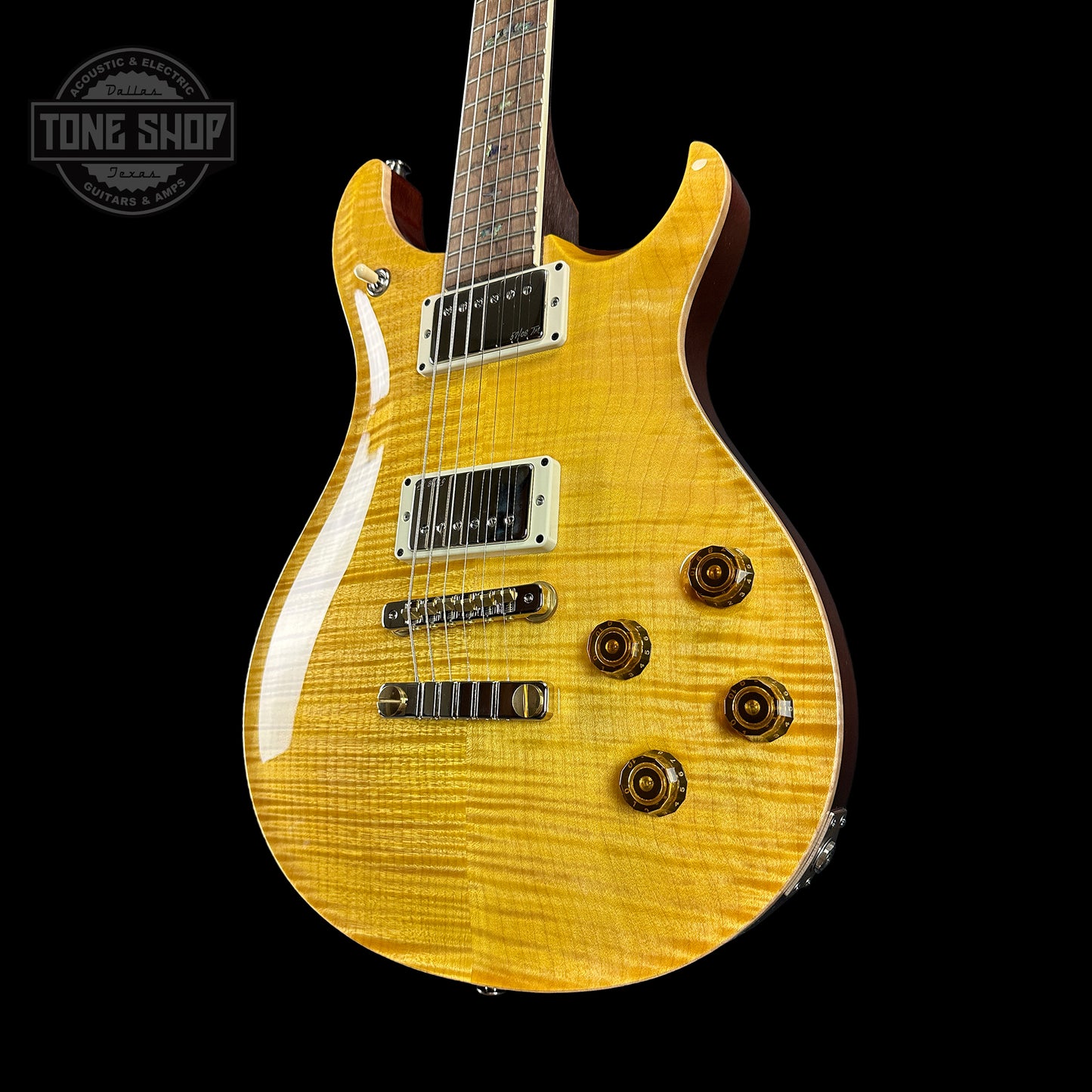 Front angle of PRS Wood Library McCarty 594 Honey 10-top Brazilian FB.