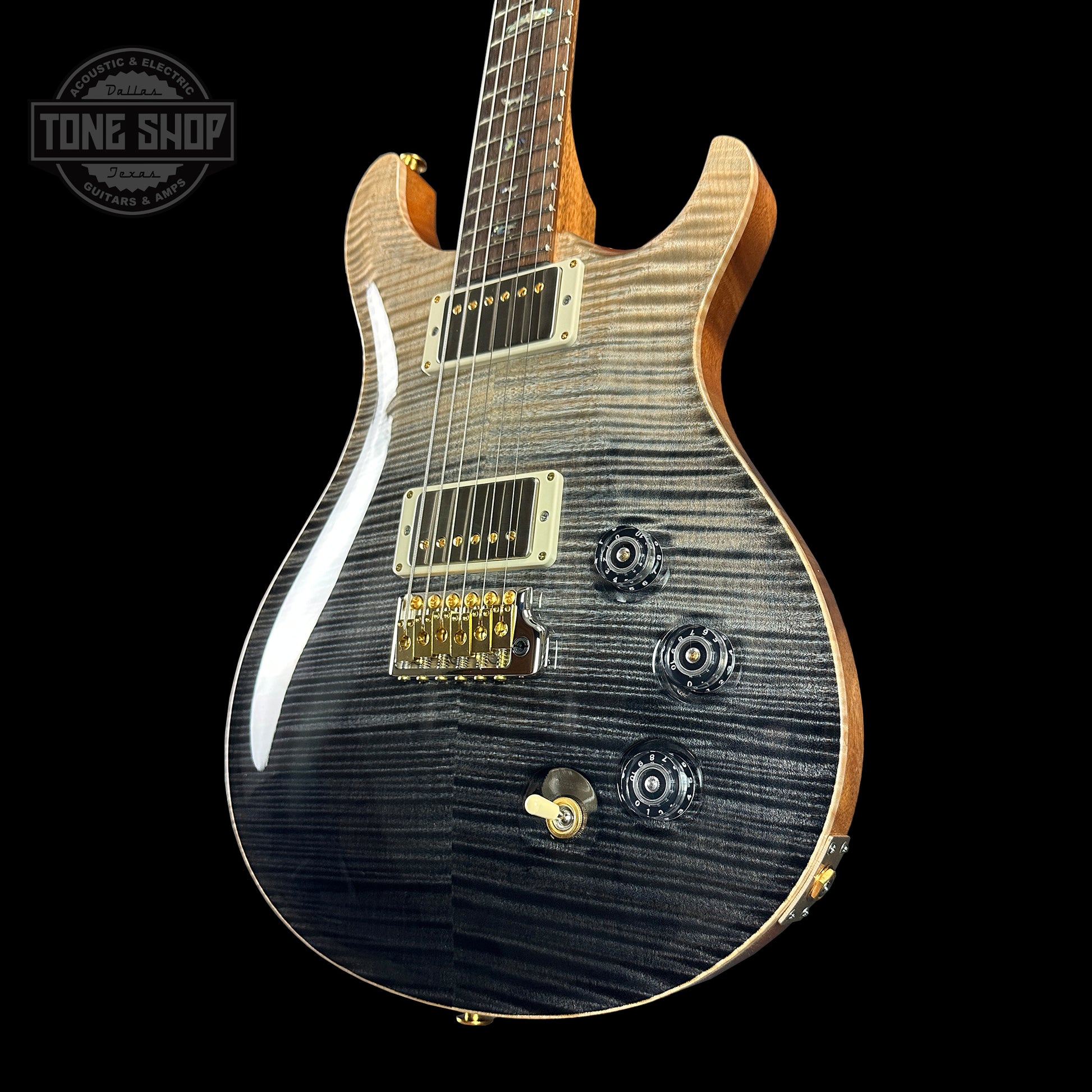 Front angle of PRS TSG Anniversary Wood Library Artist DGT Frostbite Brazilian Rosewood.