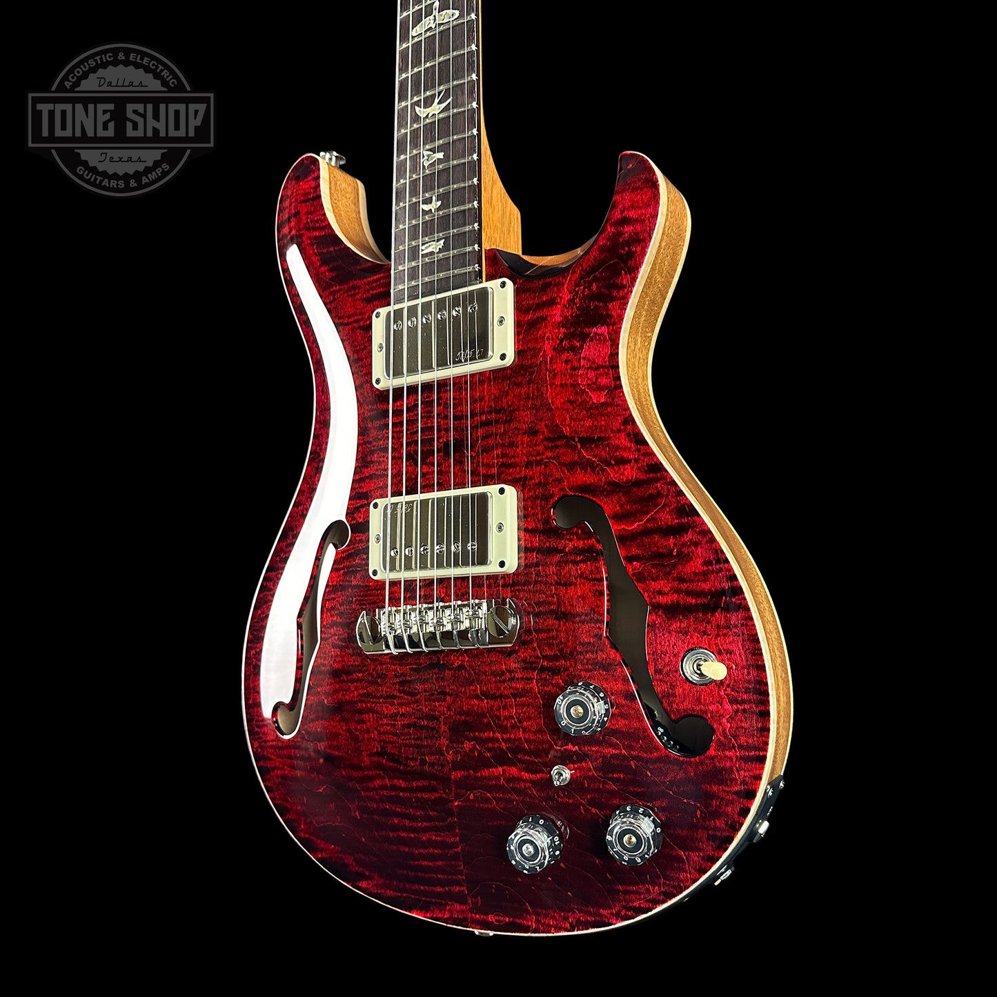 Front angle of PRS Hollowbody II Piezo 10-top Red Tiger.