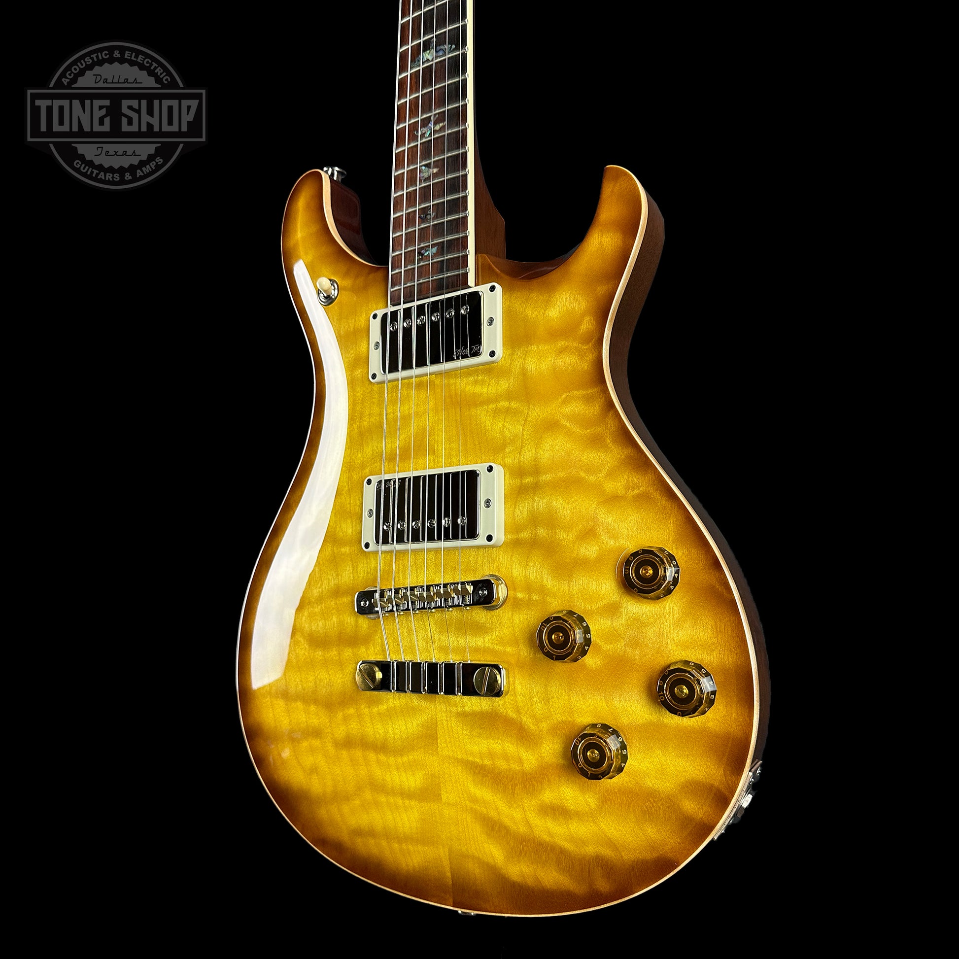 Front angle of PRS Wood Library McCarty 594 10-top Quilt Livingston Lemondrop.