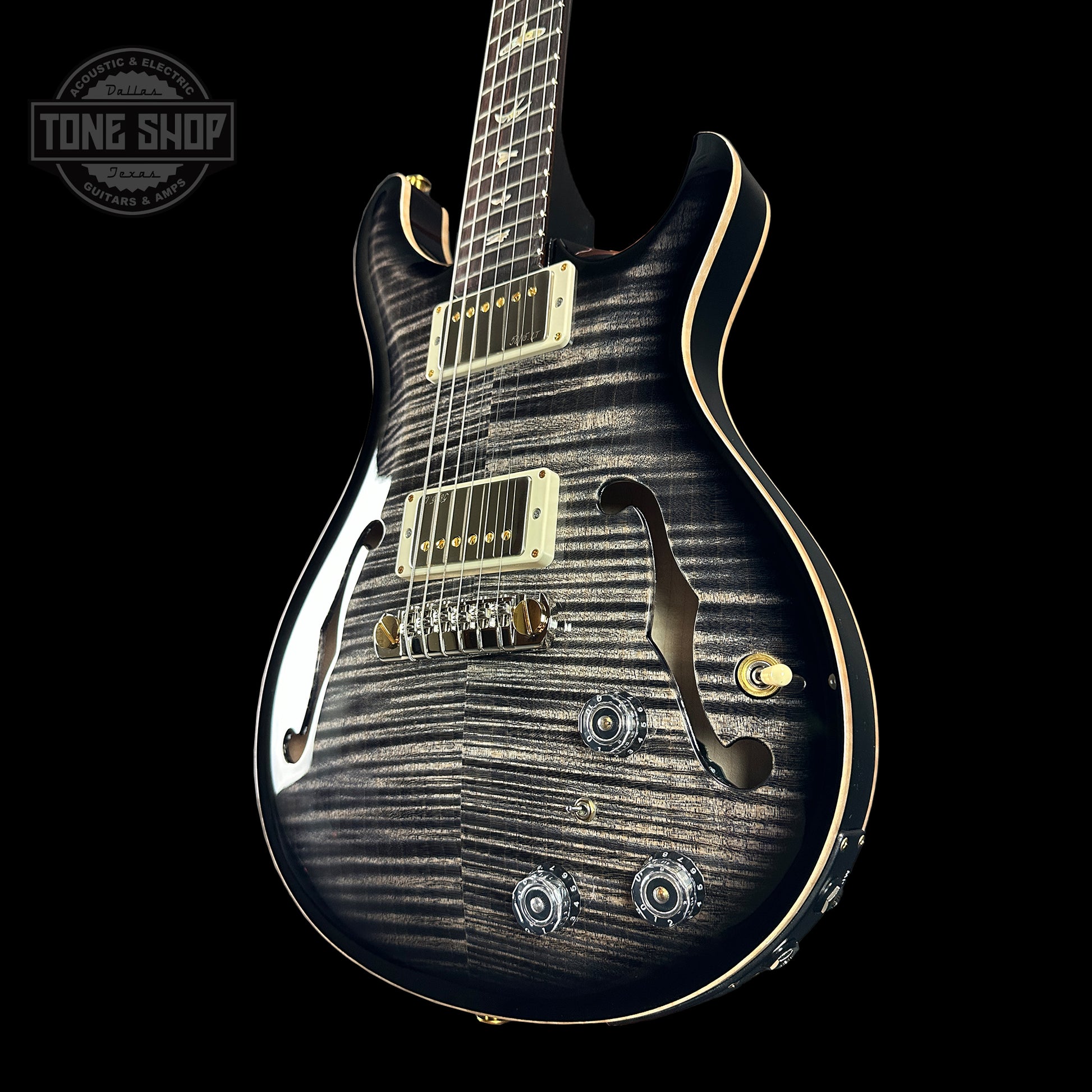 Front angle of PRS Hollowbody II Piezo 10-top Charocal.