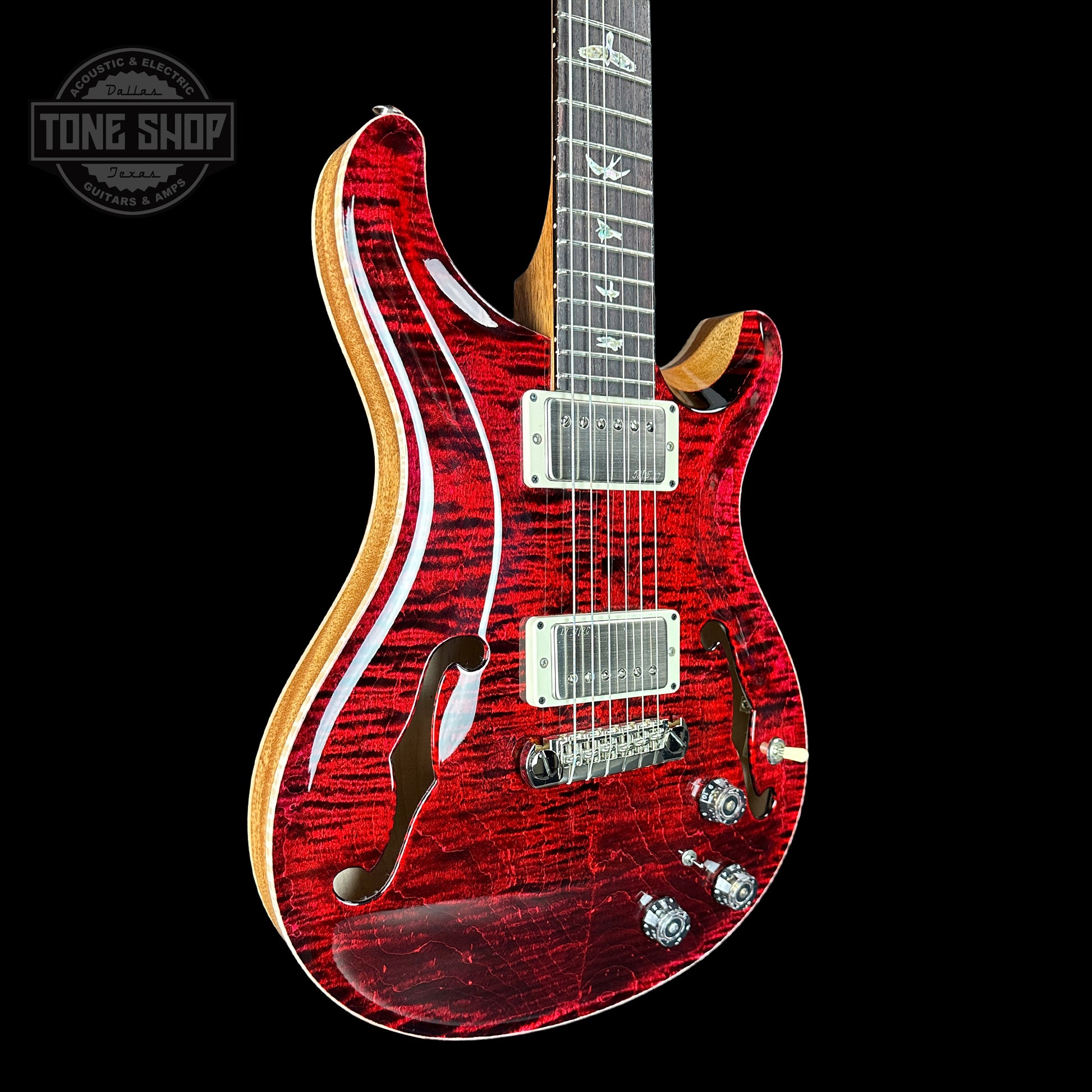 Front angle of PRS Hollowbody II Piezo 10-top Red Tiger.