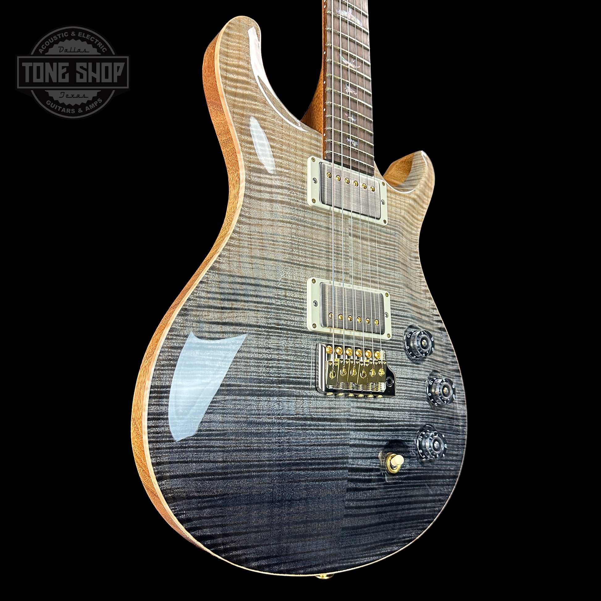 Front angle of PRS TSG Anniversary Wood Library Artist DGT Frostbite Brazilian Rosewood.