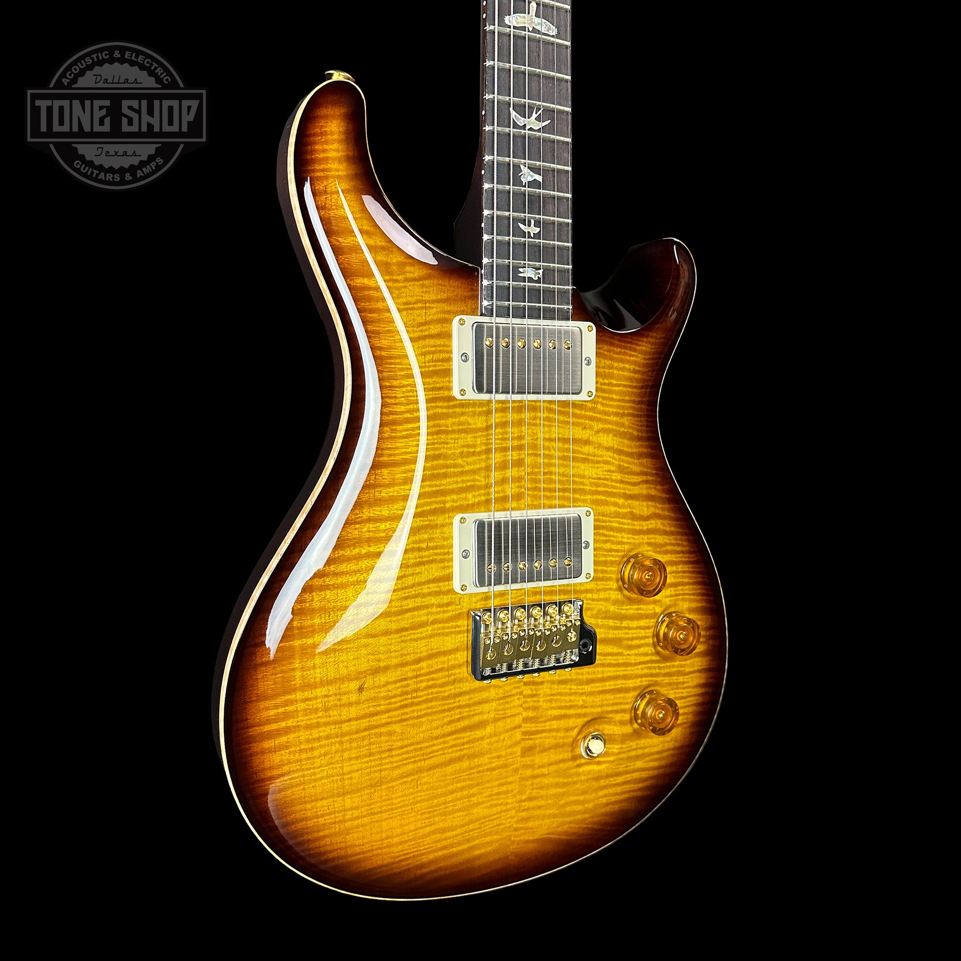 Front angle of PRS DGT McCarty Tobacco Sunburst 10 Top Birds.