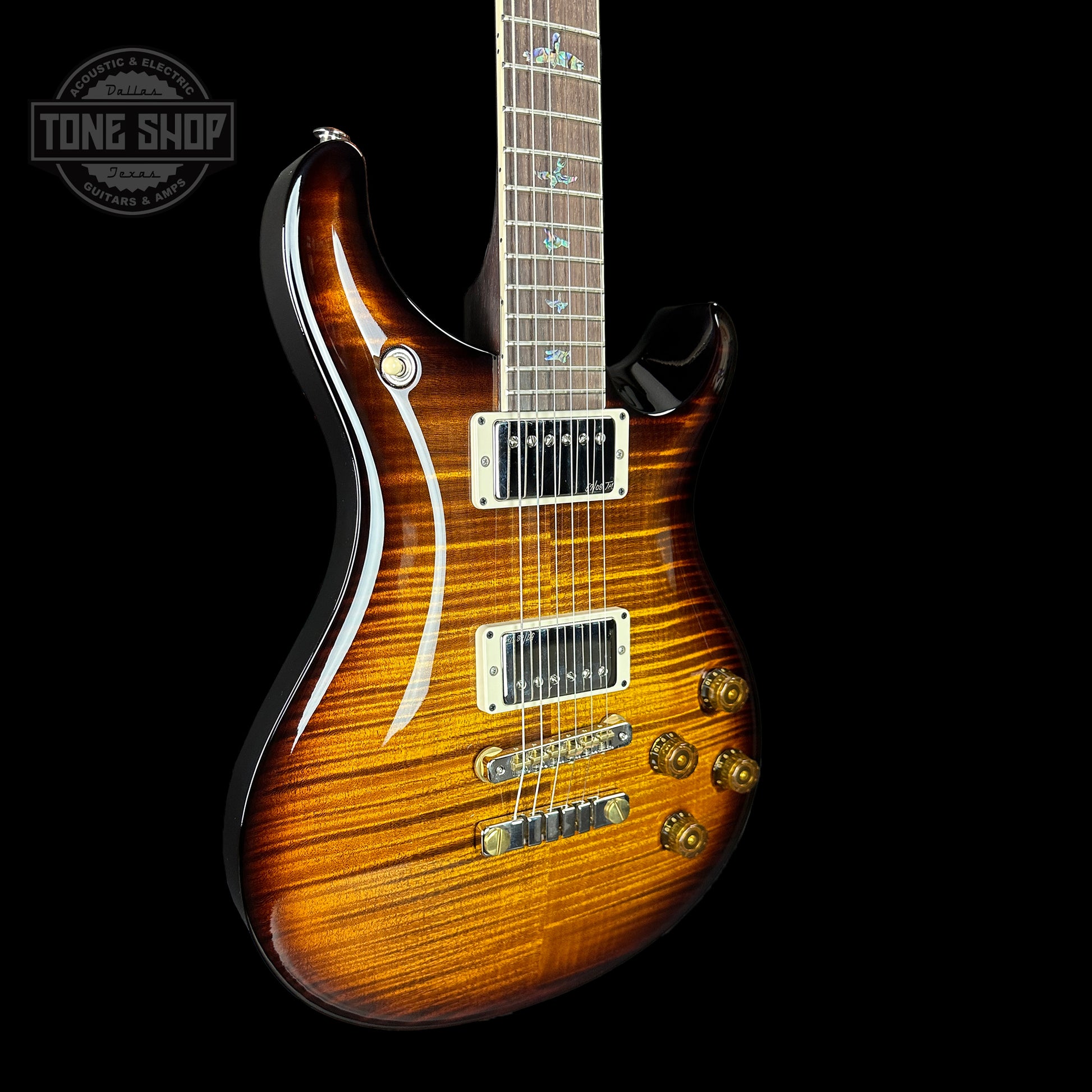 Front angle of PRS Wood Library McCarty 594 Black Gold Sunburst 10-top Brazilian FB.