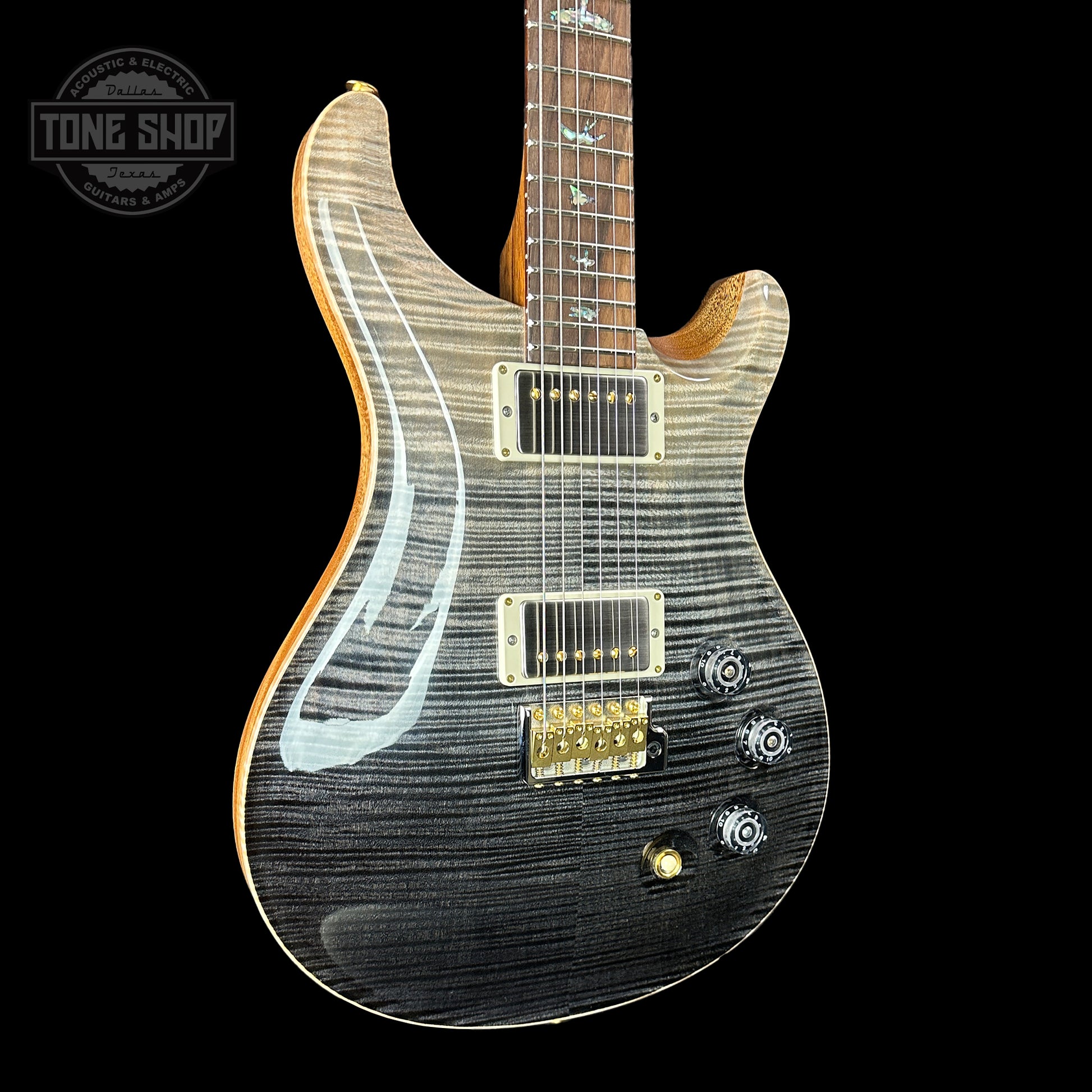 Front angle of PRS TSG Anniversary Wood Library Artist DGT Frostbite Smokeburst Brazilian Rosewood.