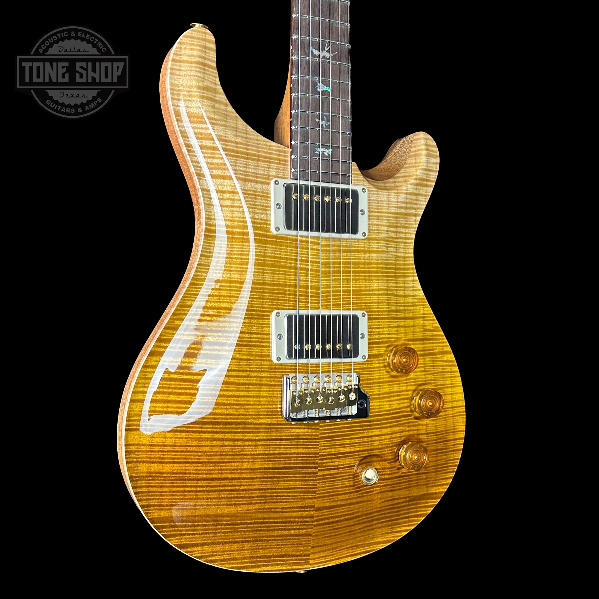 Front angle of PRS TSG Anniversary Wood Library Artist DGT Gold Storm Fade Brazilian Rosewood.