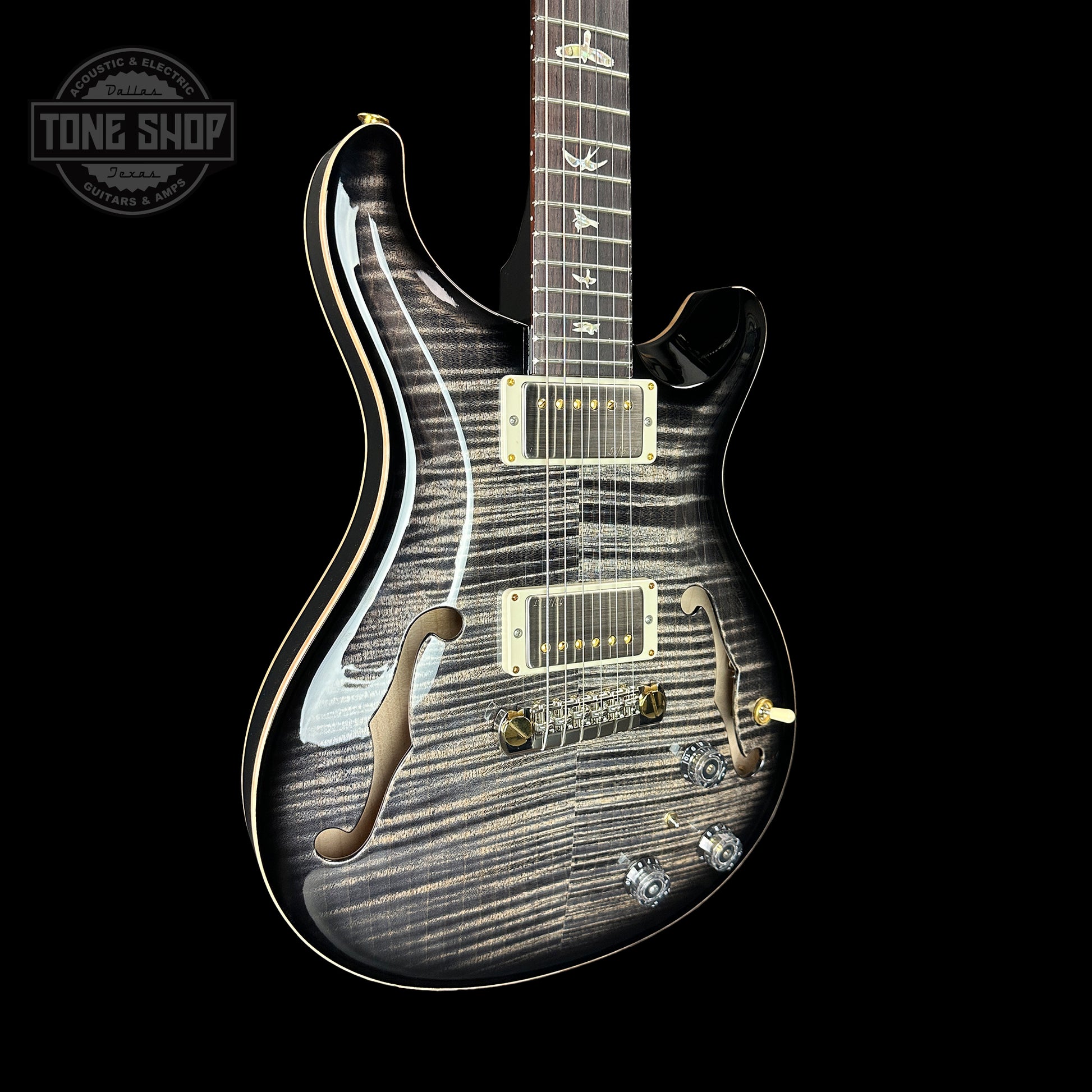 Front angle of PRS Hollowbody II Piezo 10-top Charocal.