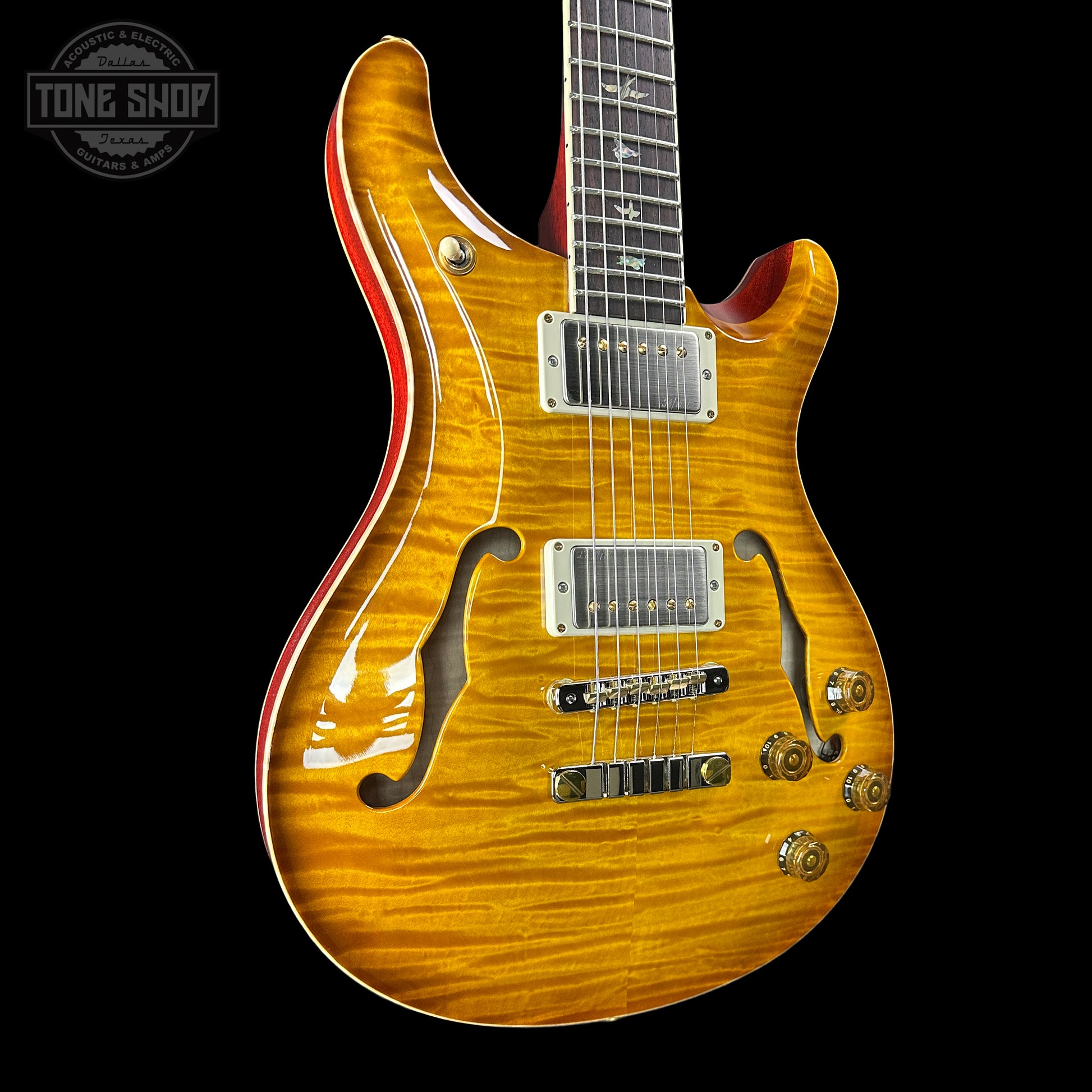 Front angle of PRS Paul Reed Smith McCarty 594 Hollowbody II 10 Top McCarty Sunburst.