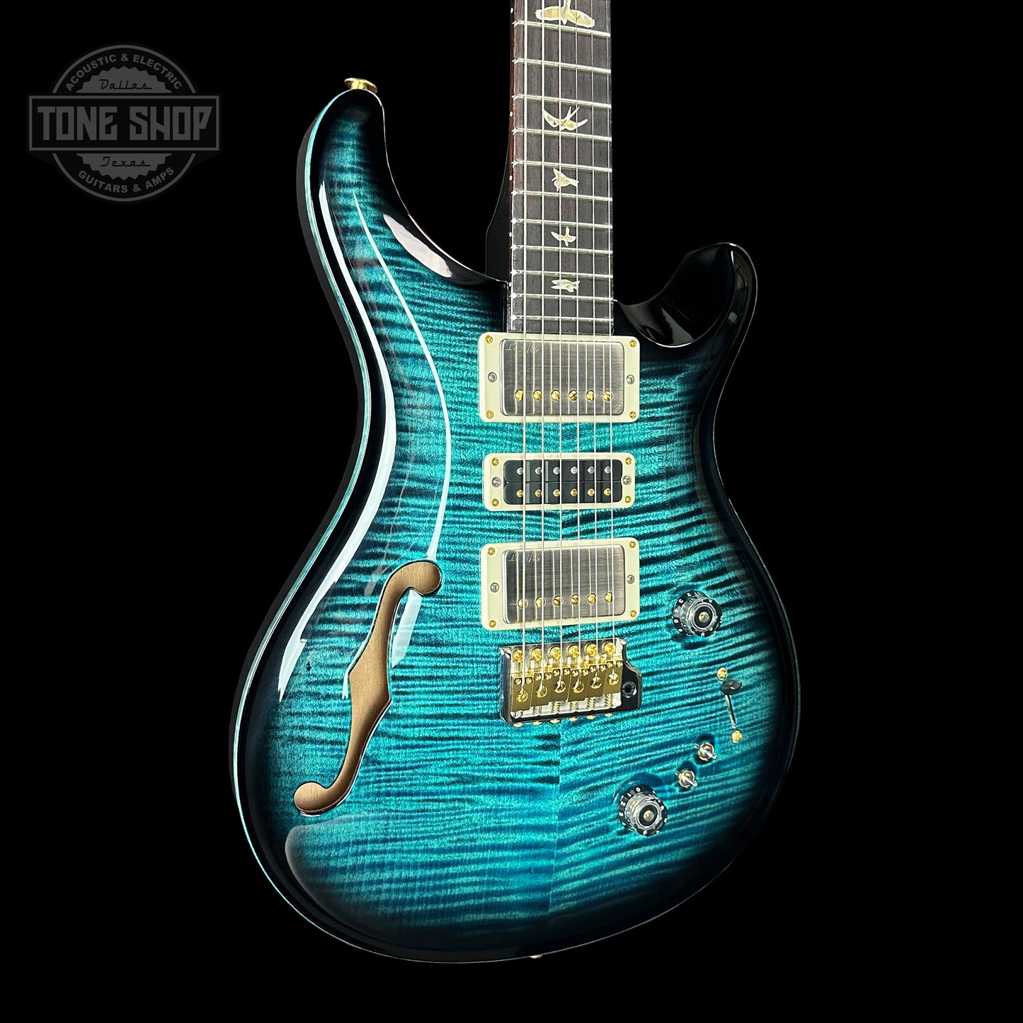 Front angle of PRS Special Semi-hollow Cobalt Smokeburst 10 Top Birds.