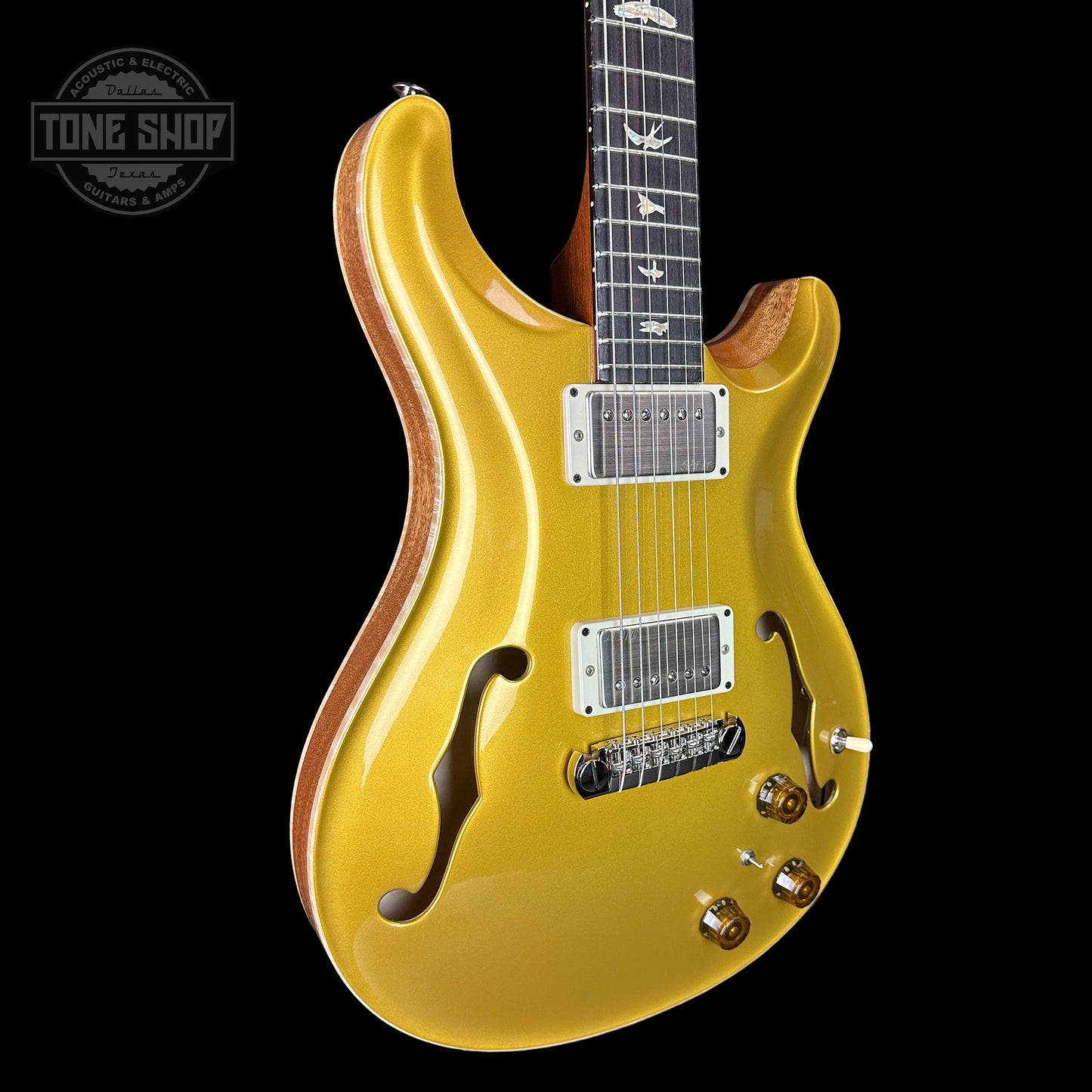 Front angle of PRS Hollowbody II Piezo Gold Top Birds.