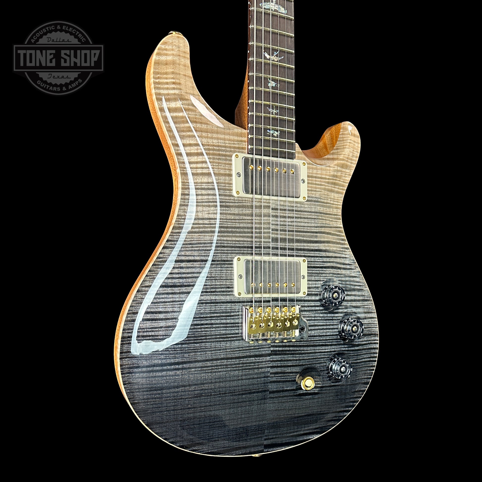 Front angle of PRS TSG Anniversary Wood Library Artist DGT Frostbite Brazilian Rosewood.