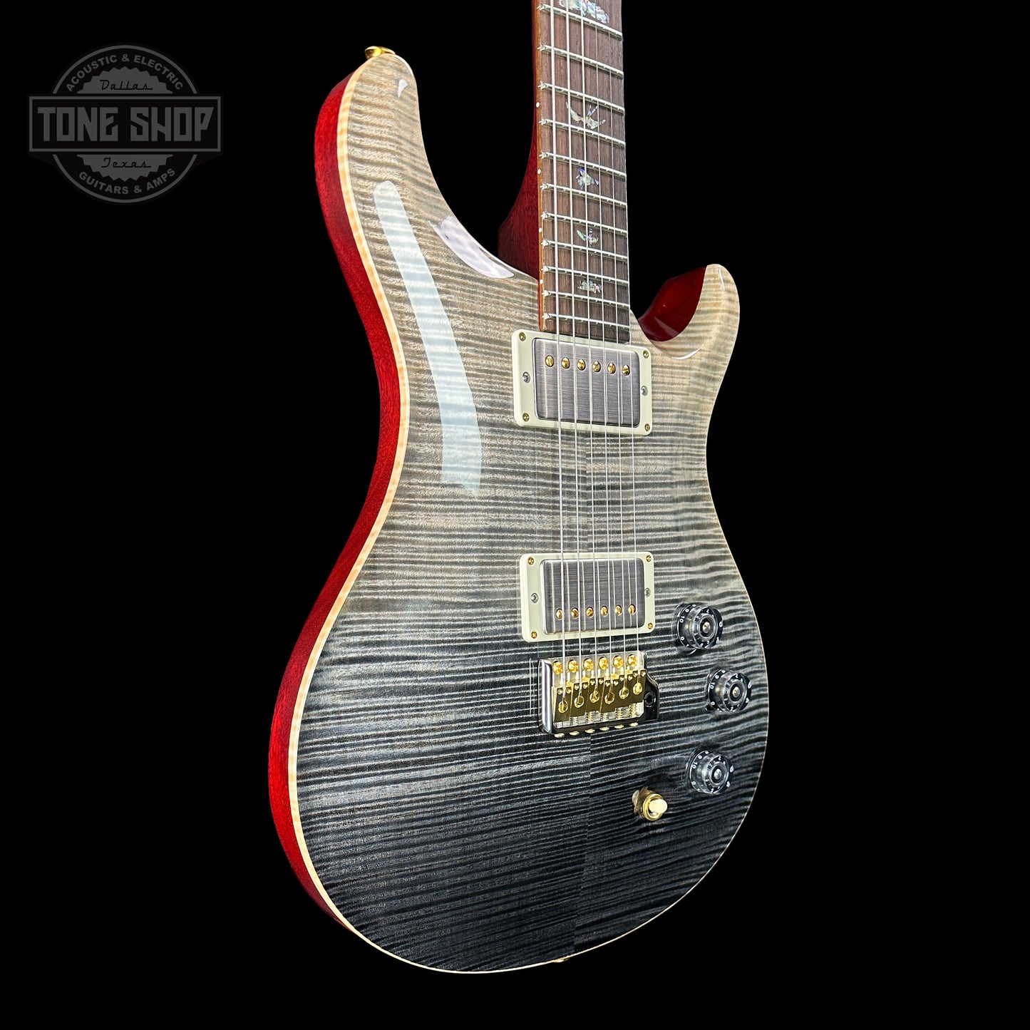 Front angle of PRS Wood Library DGT Frostbite Dark Back Artist Top Brazilian Board.