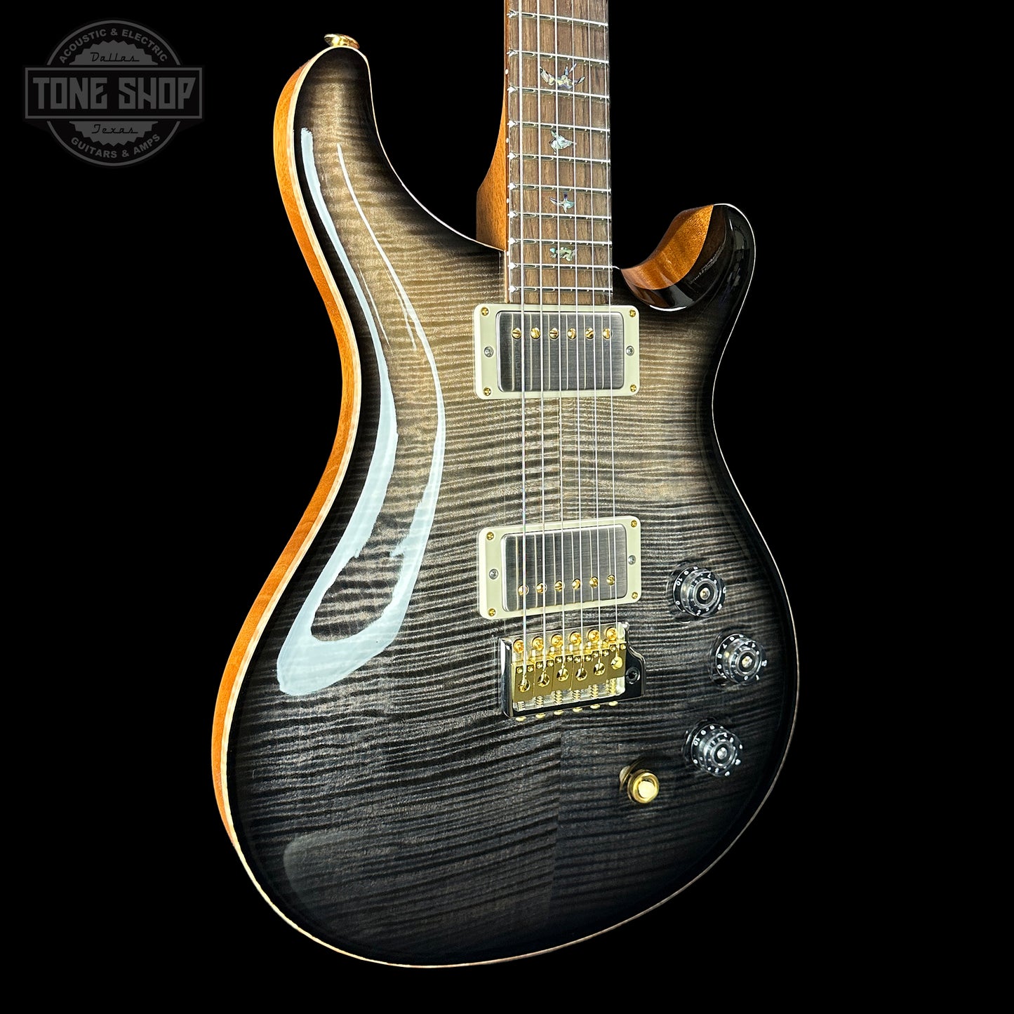 Front angle of PRS TSG Anniversary Wood Library Artist DGT Frostbite Smokeburst Brazilian Rosewood.