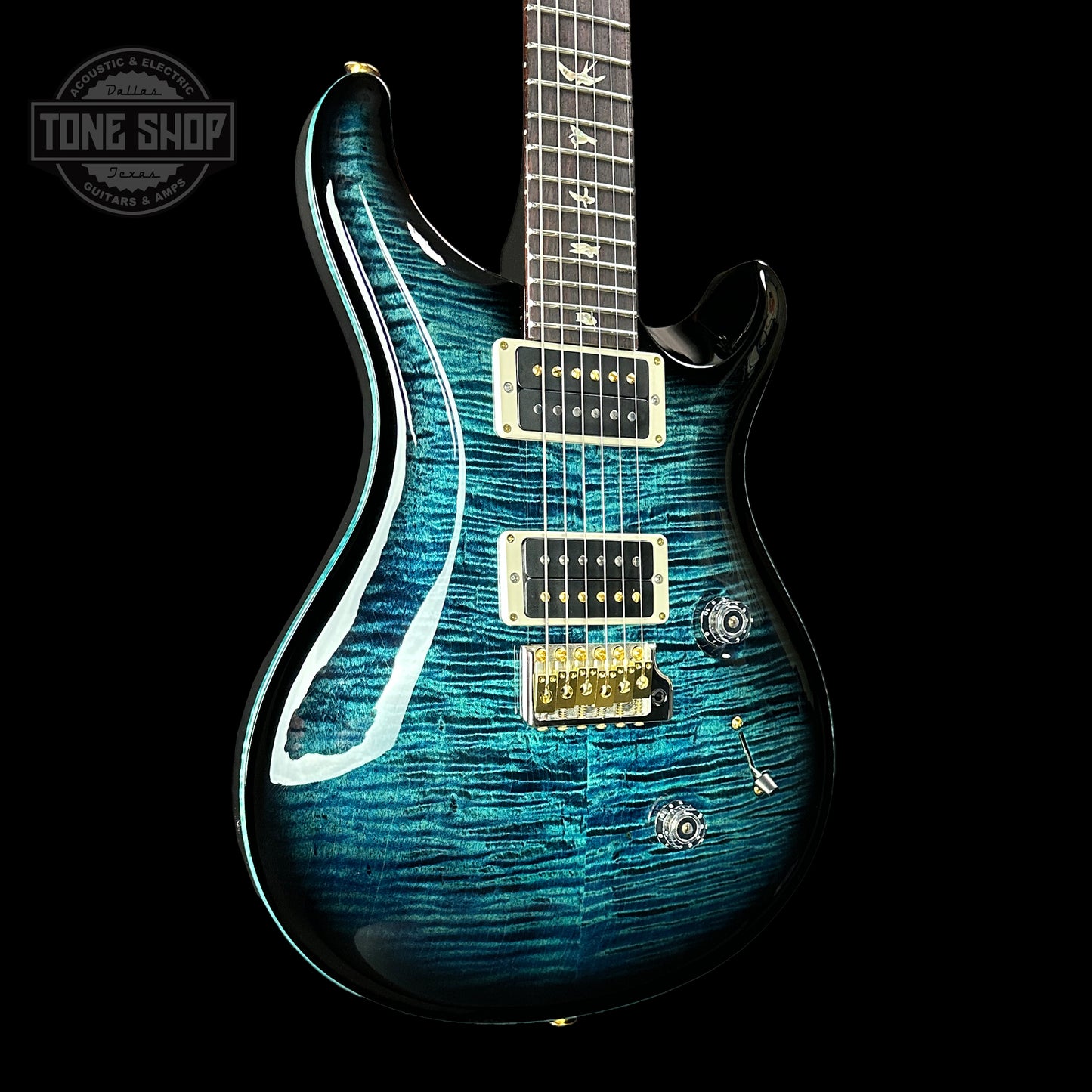 Front angle of PRS Paul Reed Smith Custom 24 10 Top Cobalt Smokeburst Birds.