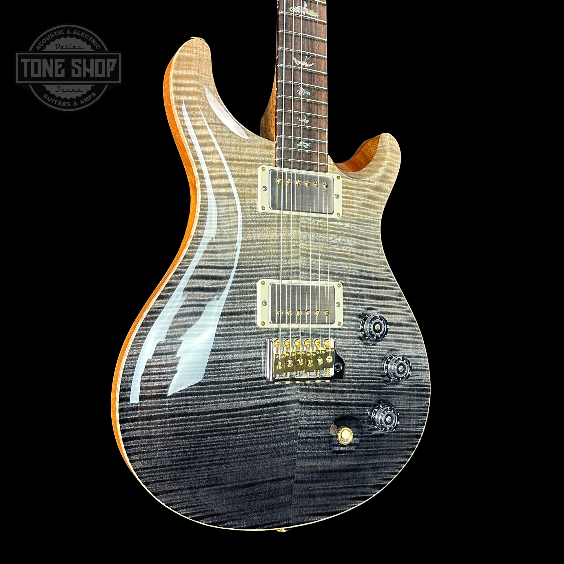 Front angle of PRS TSG Anniversary Wood Library Artist DGT Frostbite Brazilian Rosewood.