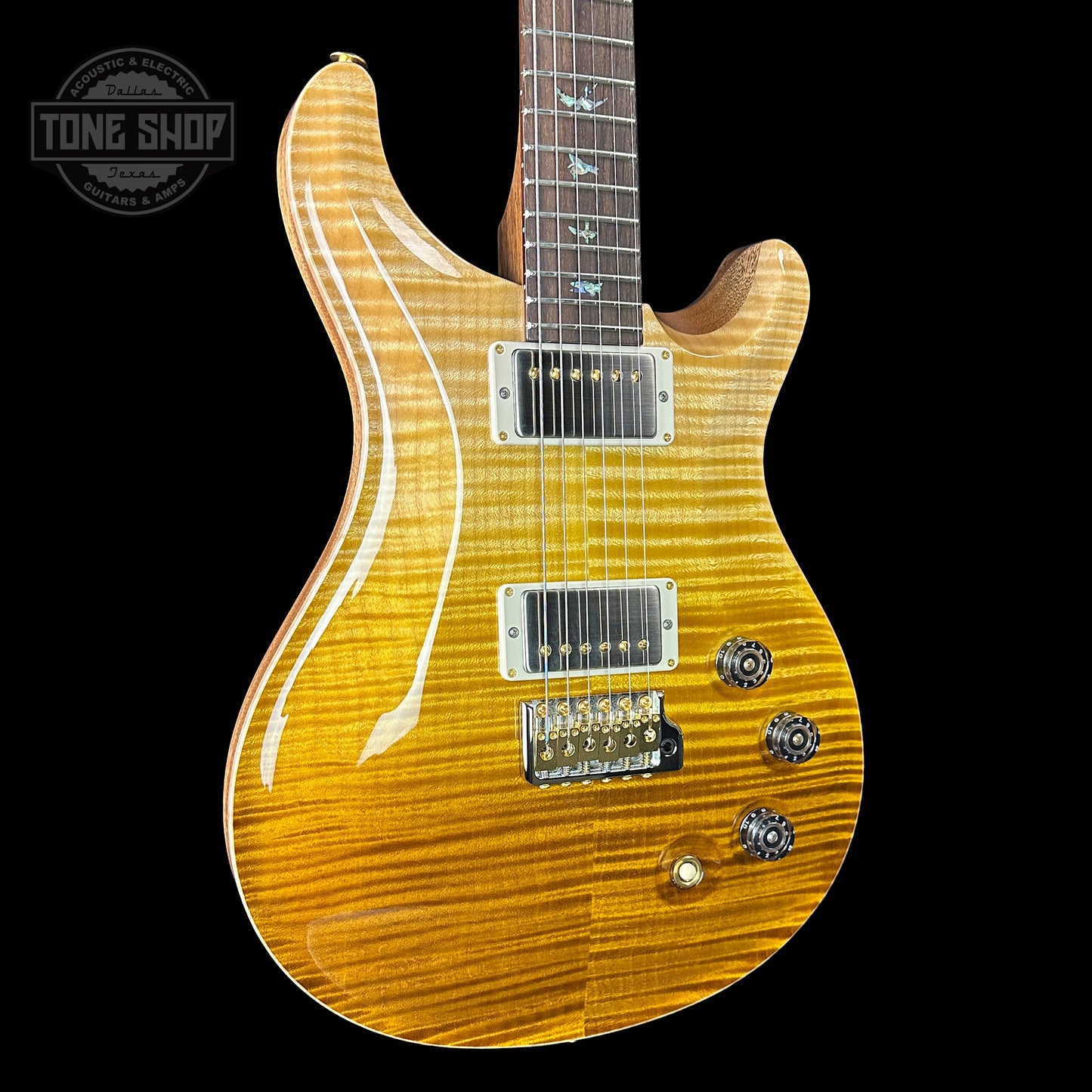 Front angle of PRS TSG Anniversary Wood Library Artist DGT Gold Storm Fade Brazilian Rosewood.