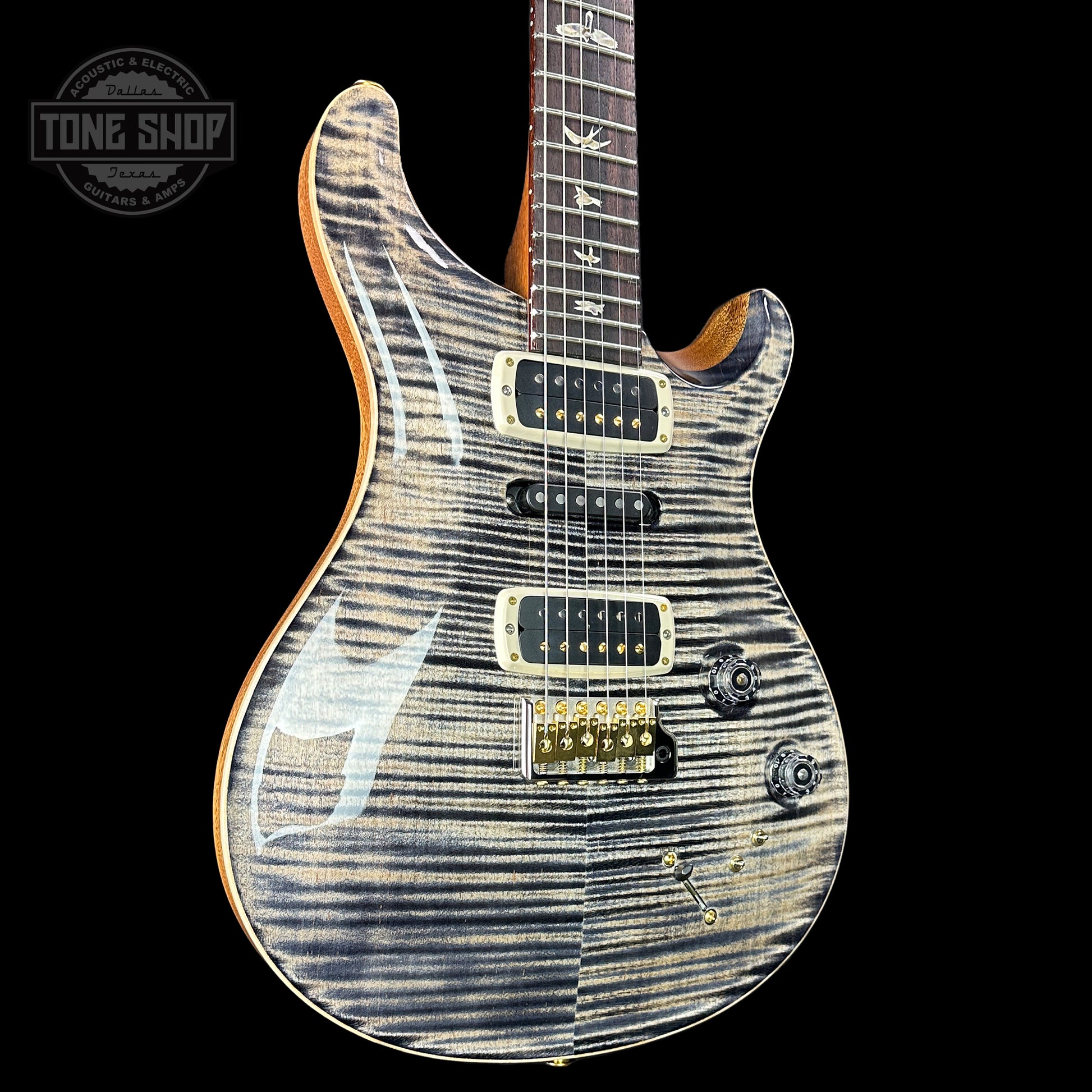 Front angle of PRS Modern Eagle V 10 Top Charcoal.