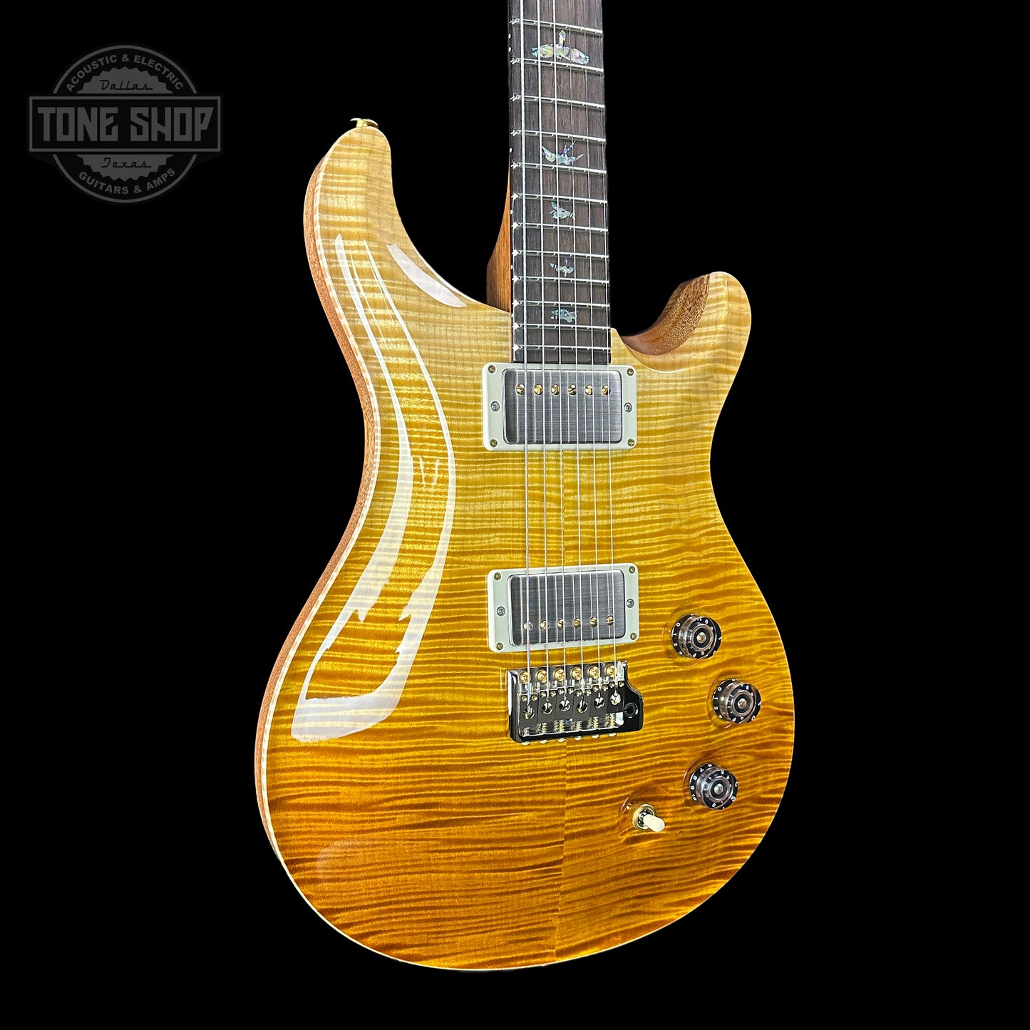 Front angle of PRS TSG Anniversary Wood Library Artist DGT Gold Storm Fade Brazilian Rosewood.