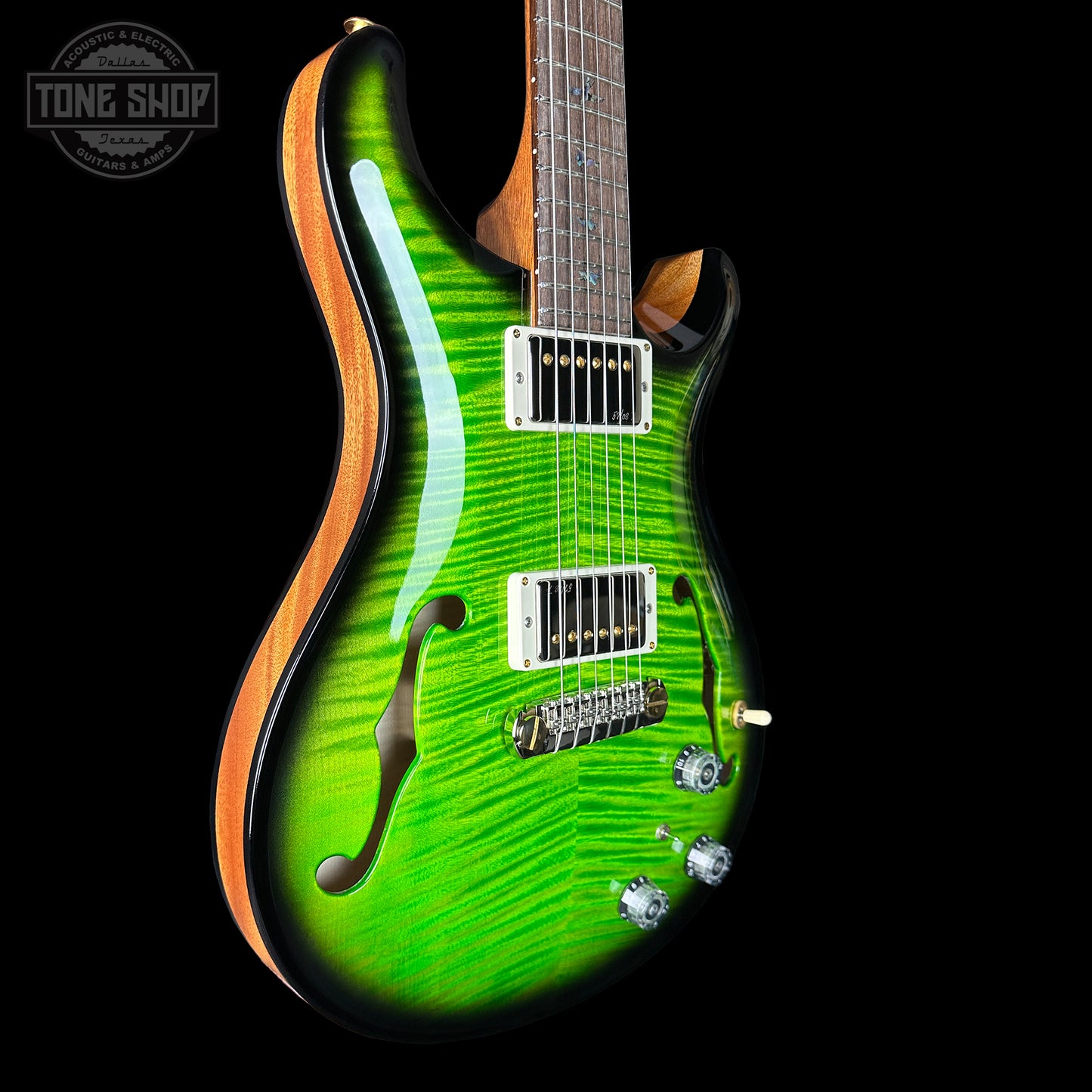 Front angle of PRS Wood Library Hollowbody II Piezo 10 top Eriza Verde Smokeburst Brazilian RW.