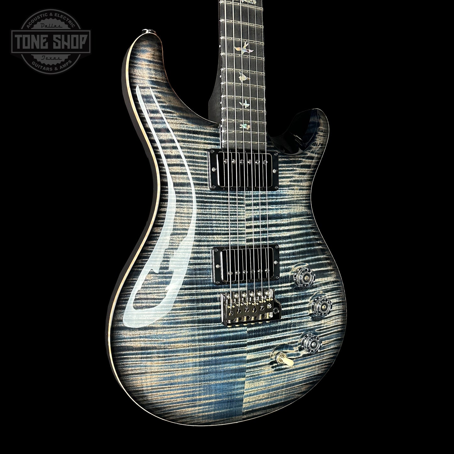 Front angle of PRS Wood Library DGT Faded Whale Blue Smokeburst 10 Top Swamp Ash w/Stained Neck.